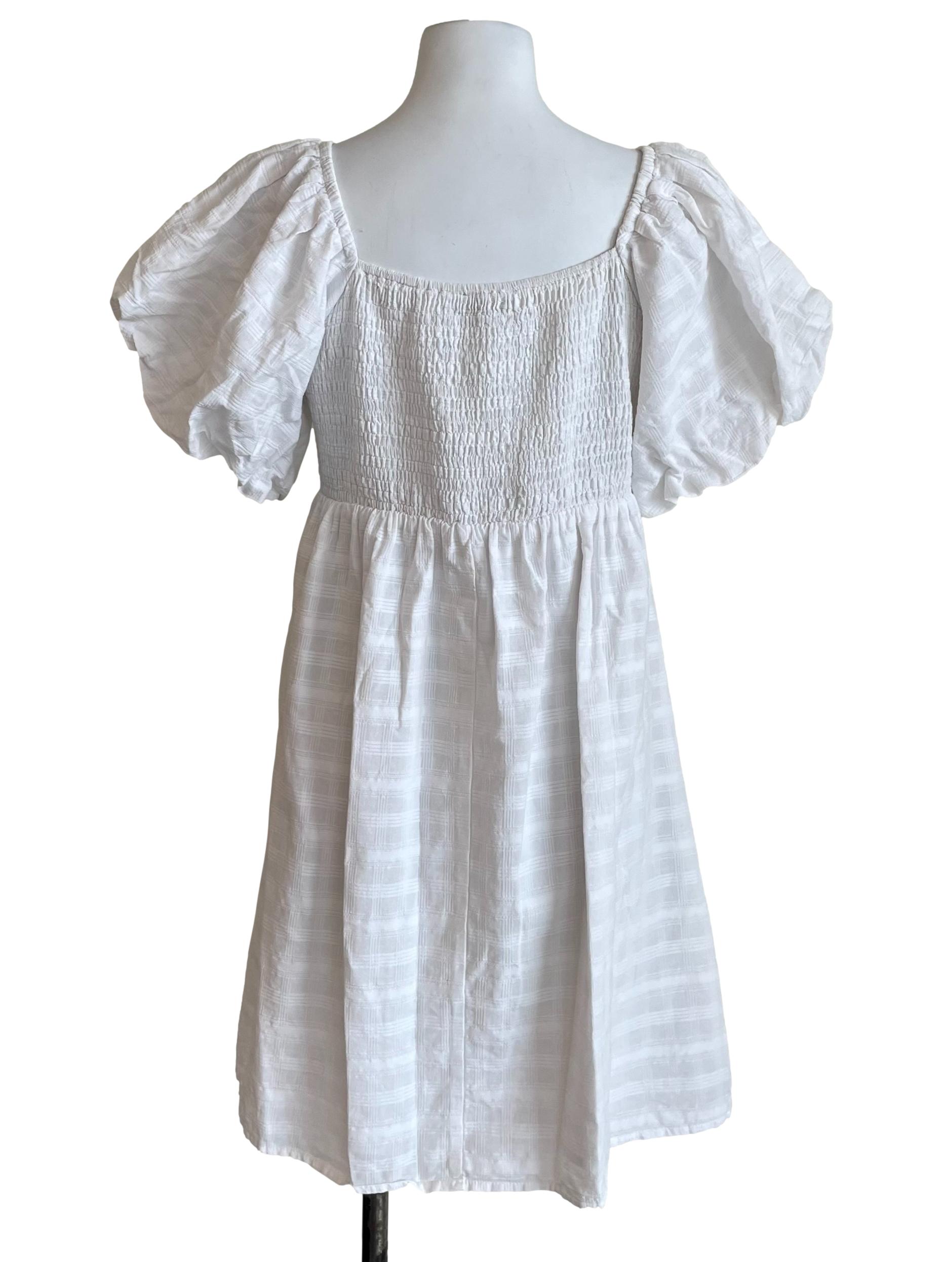 White Pleated Puff Sleeves Dress