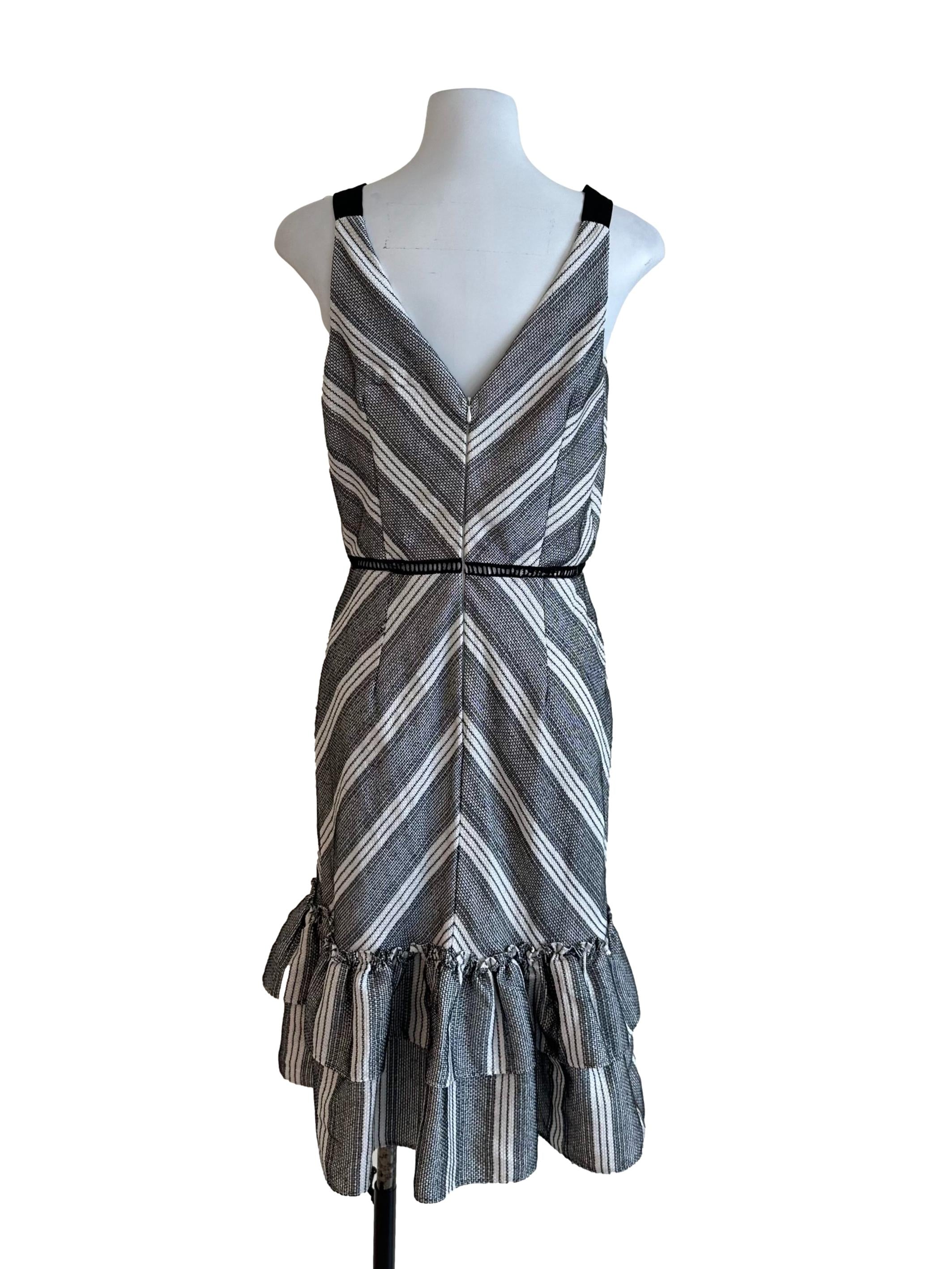 White Black Textured Stripe Ruffle Dress