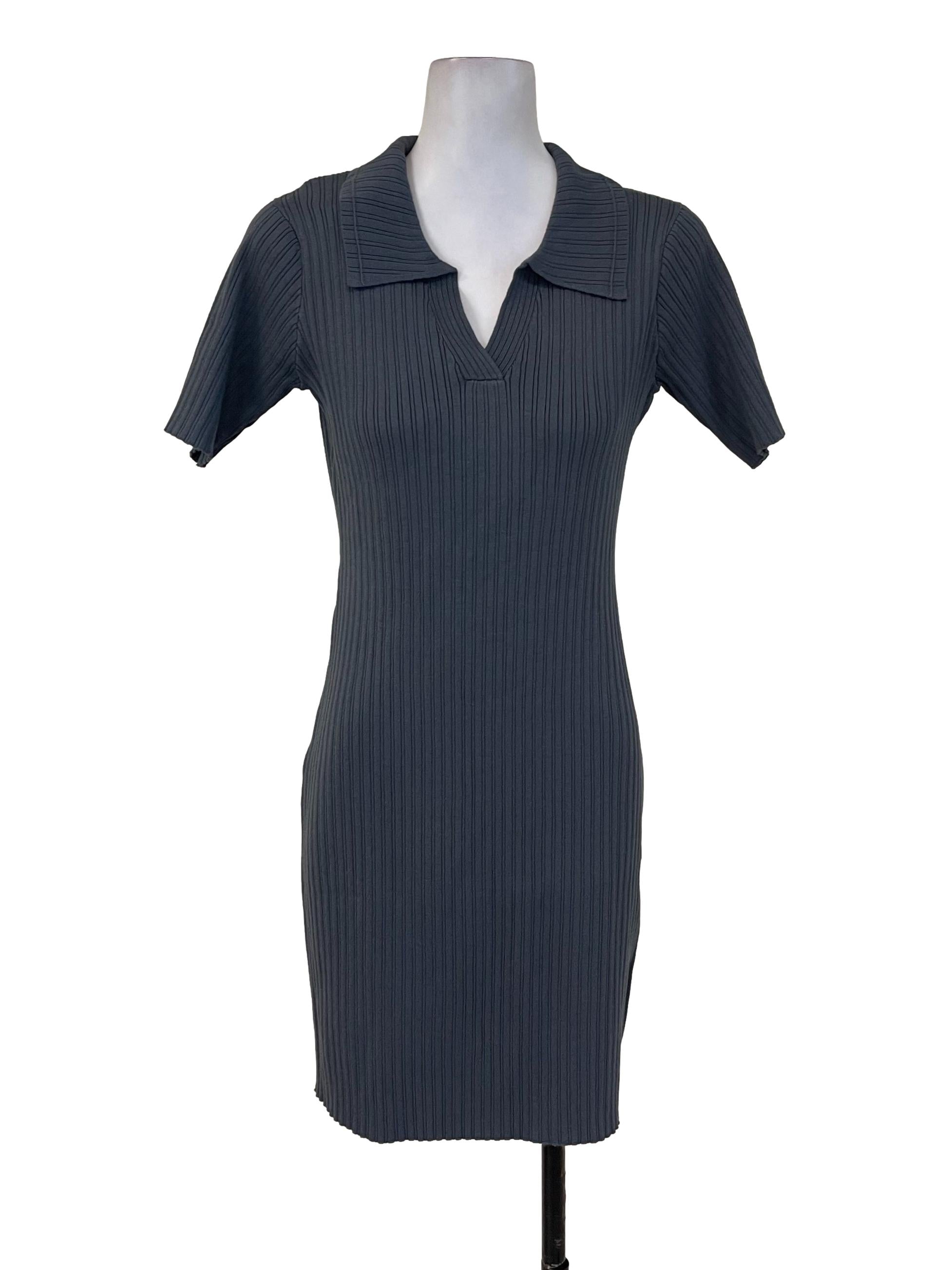 Dark Grey Collared Elastic Dress
