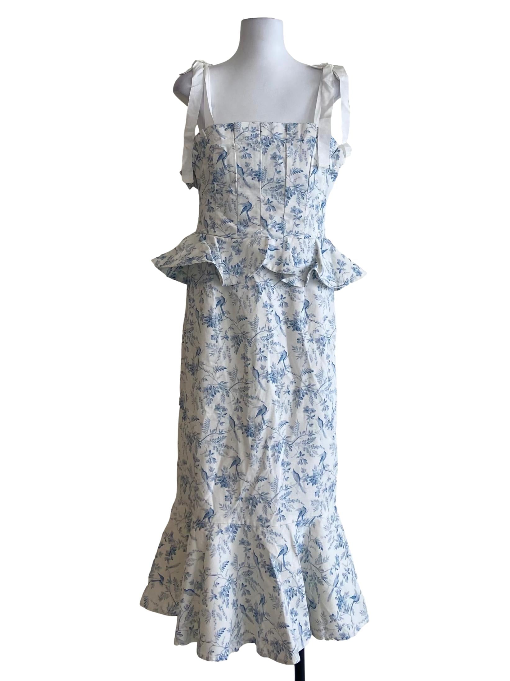 White And Blue Floral Peplum Drop Waist Dress