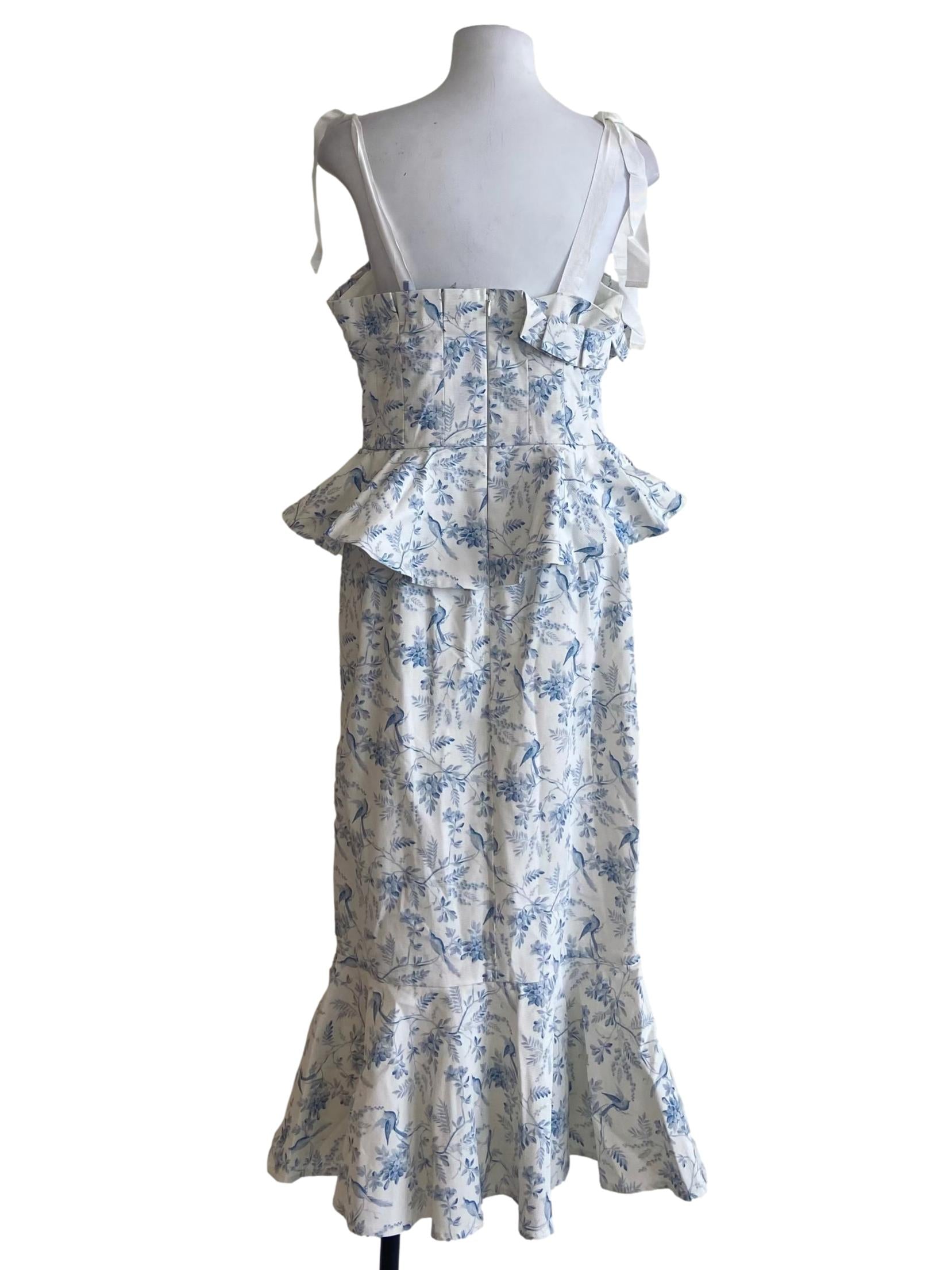 White And Blue Floral Peplum Drop Waist Dress