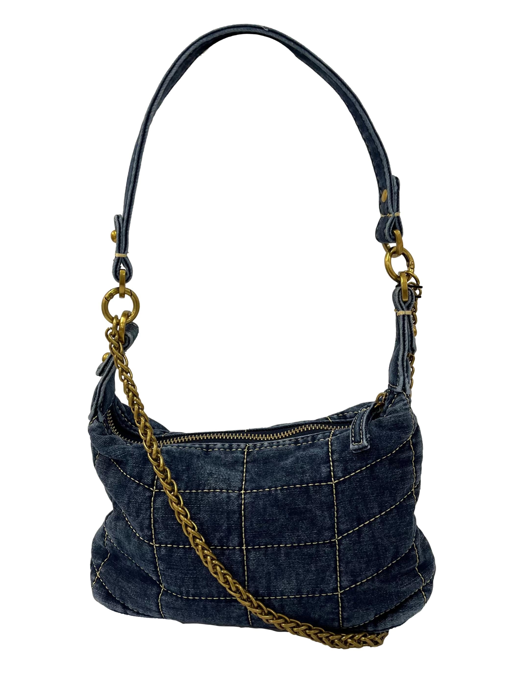 Dark Blue Quilted Denim Shoulder Bag