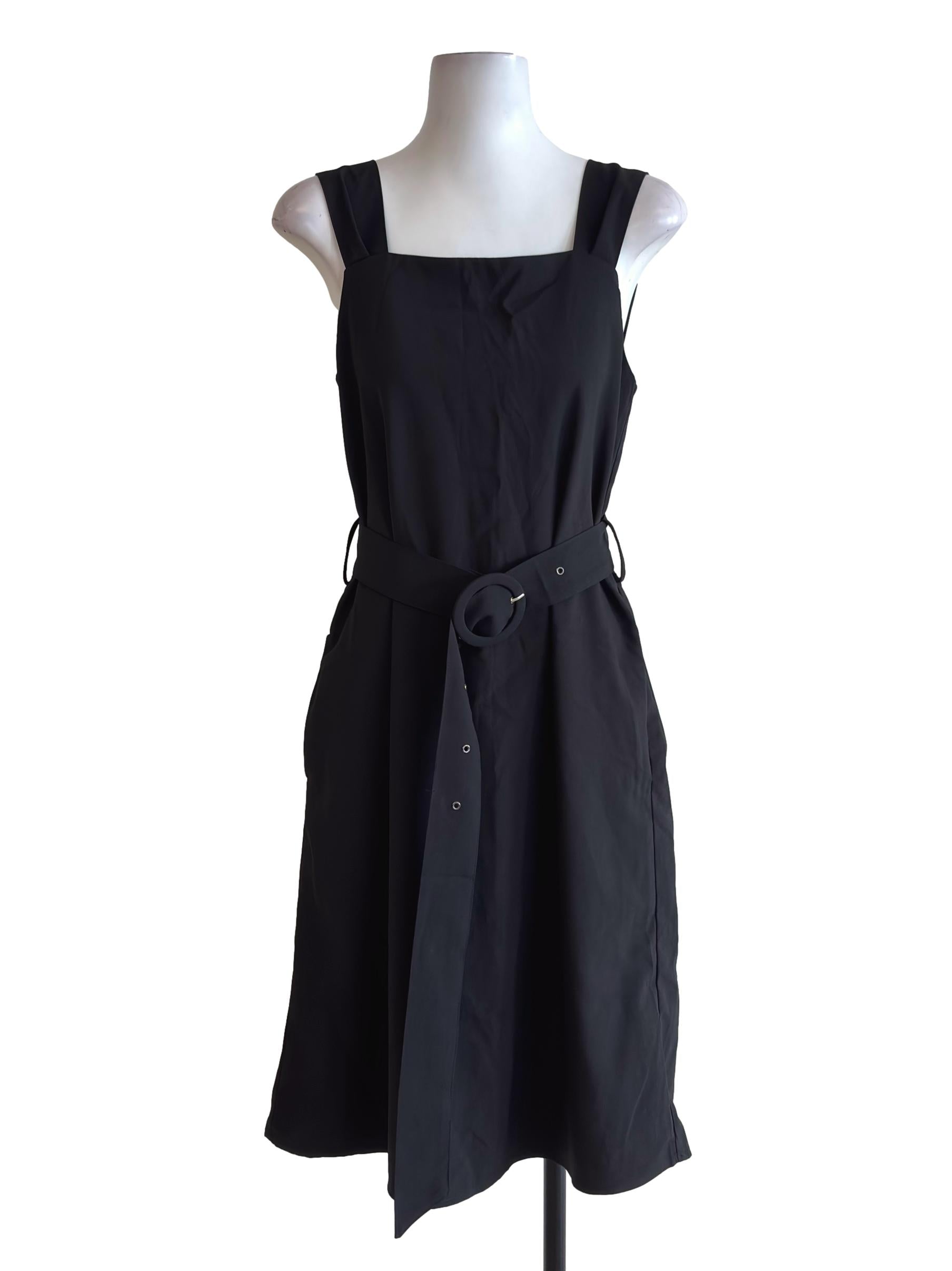 Jet Black Square Neck Belted Dress TTR