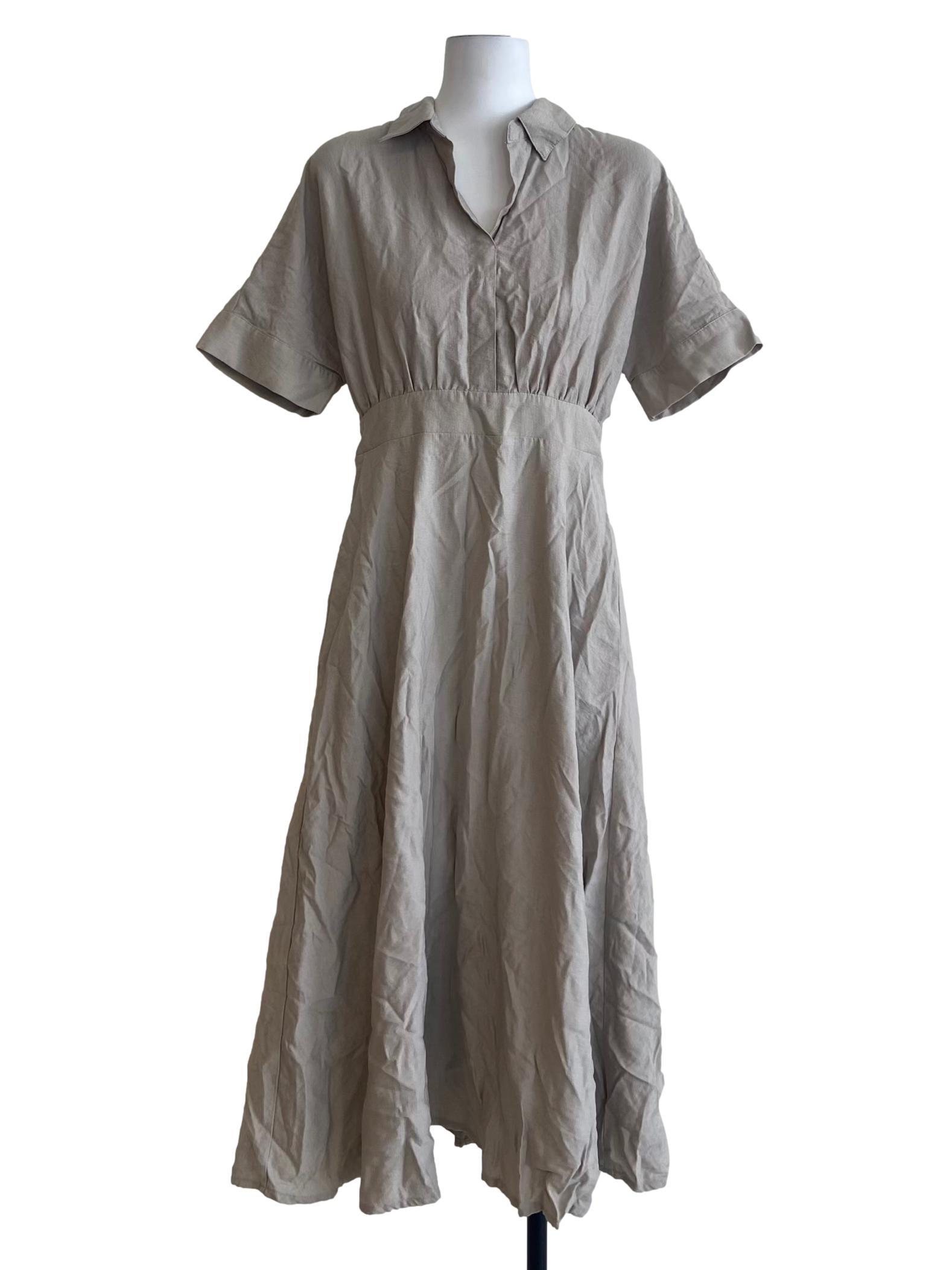 Bone Beige V Neck Empire Dress