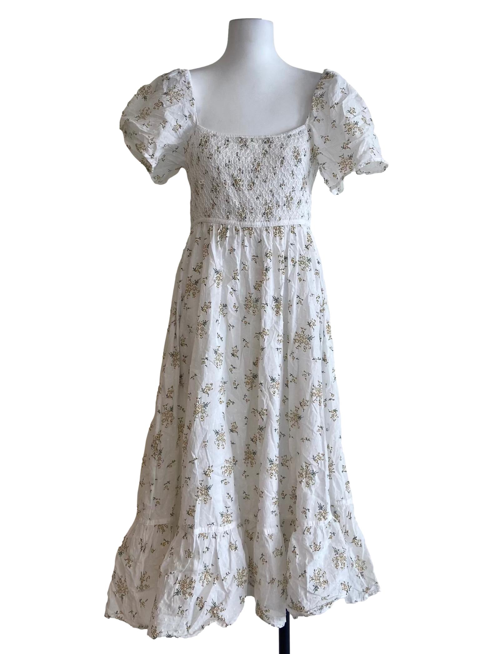 White And Yellow Floral Square Neck Empire Dress