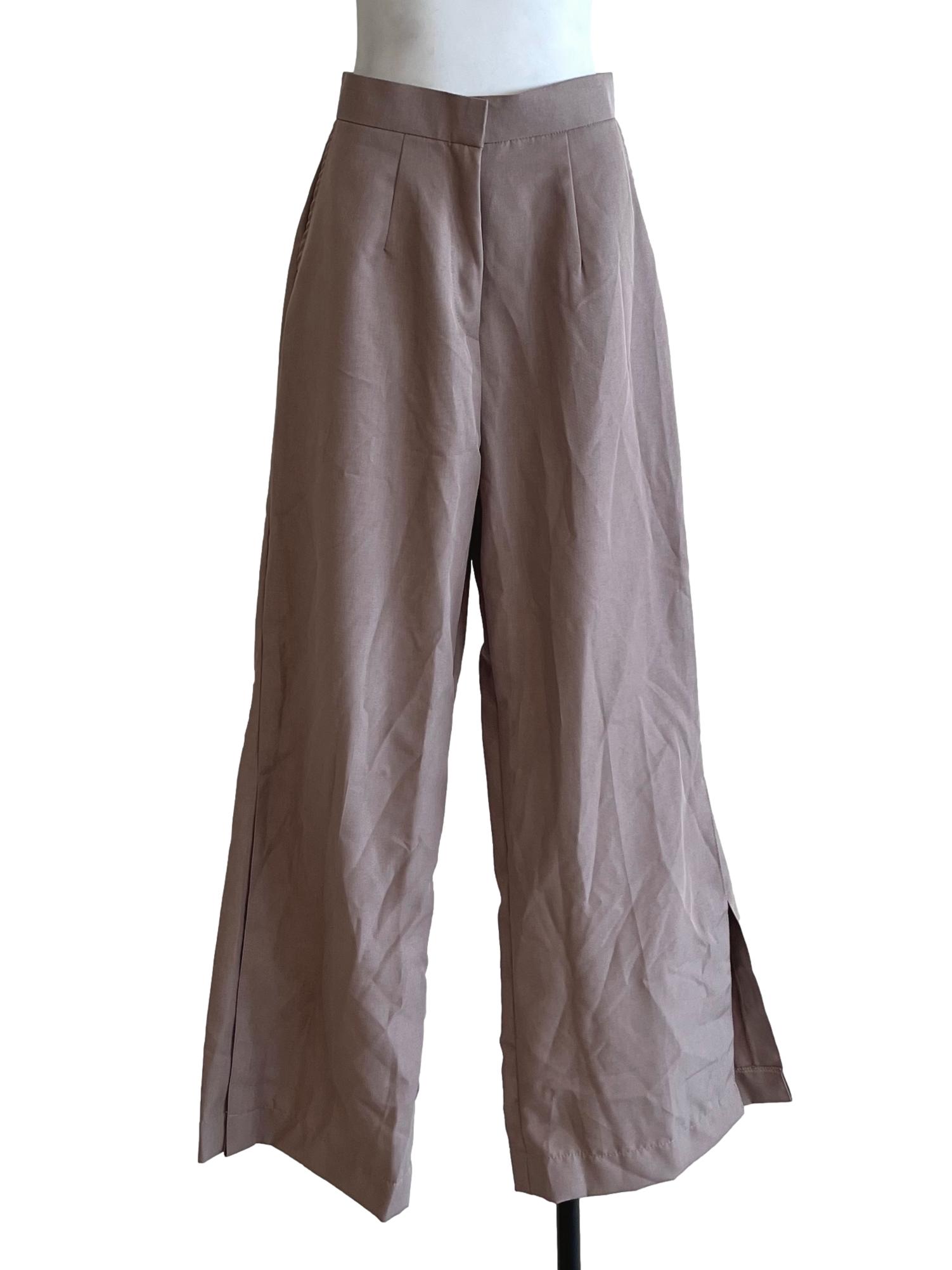 Taupe Brown Wide-Leg Slit Pants