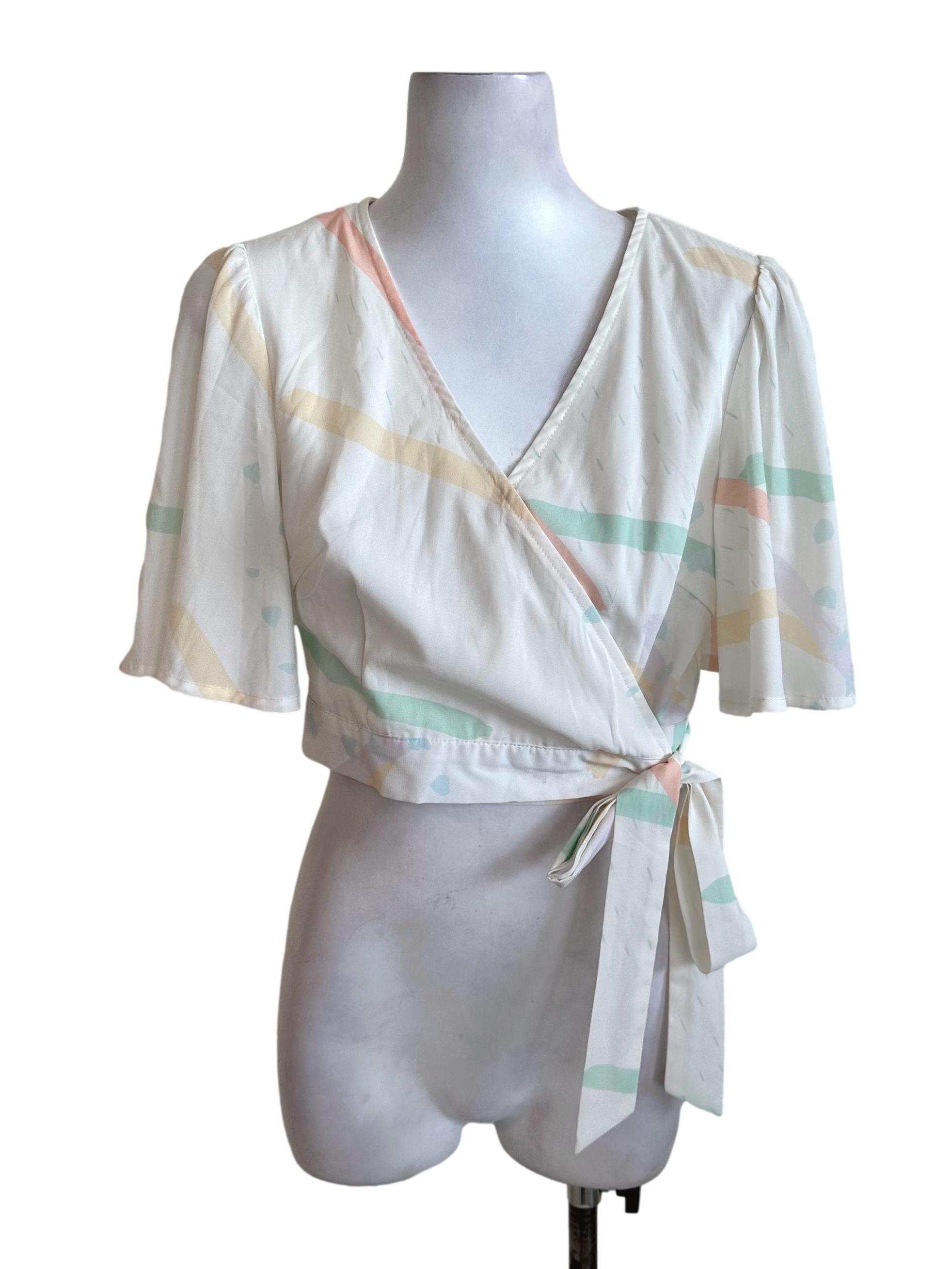 Pearl White Pattern V Neck Wrap Top TTR