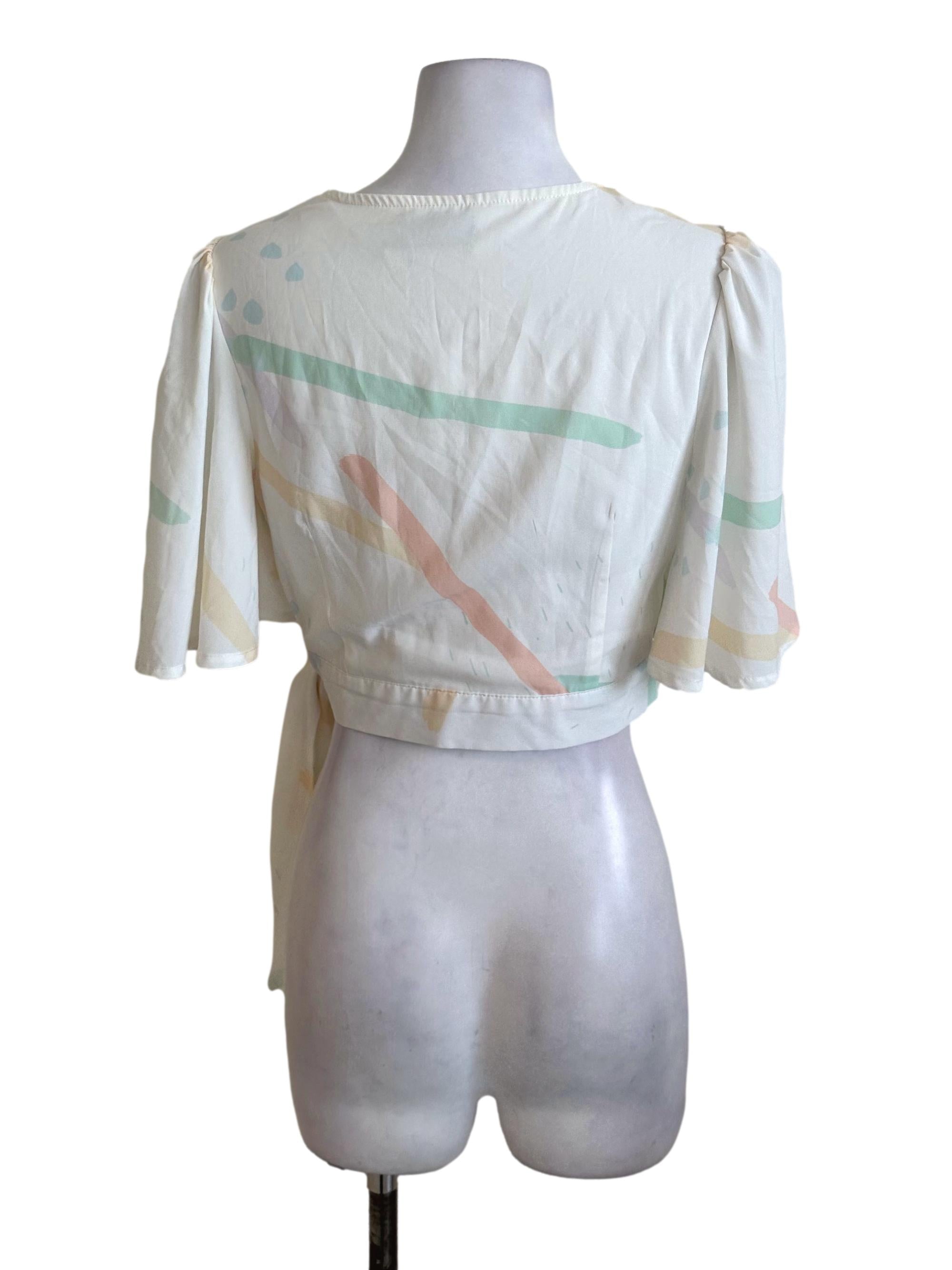 Pearl White Pattern V Neck Wrap Top TTR