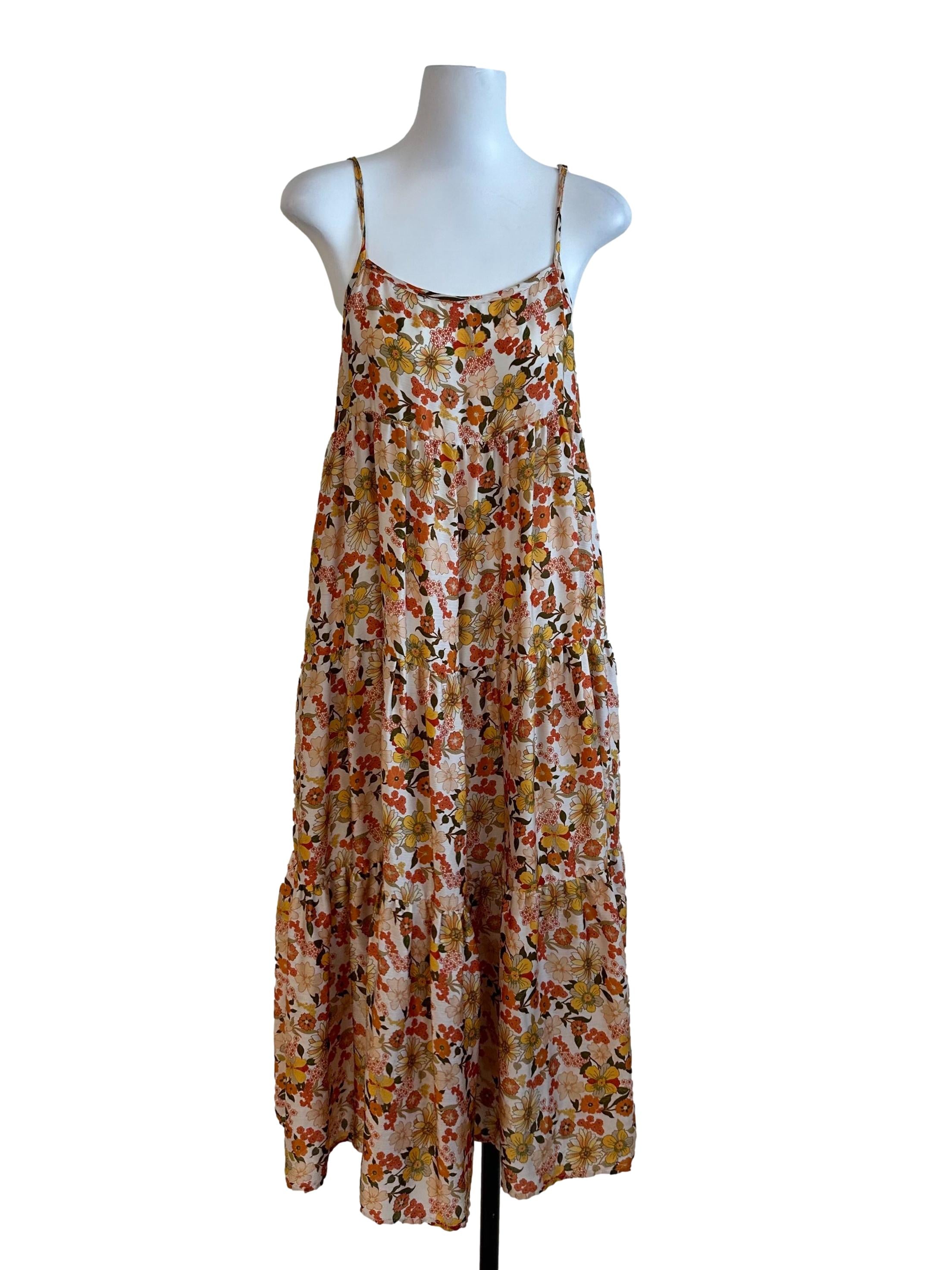 Mustard Yellow Scoop Floral Tiered Dress