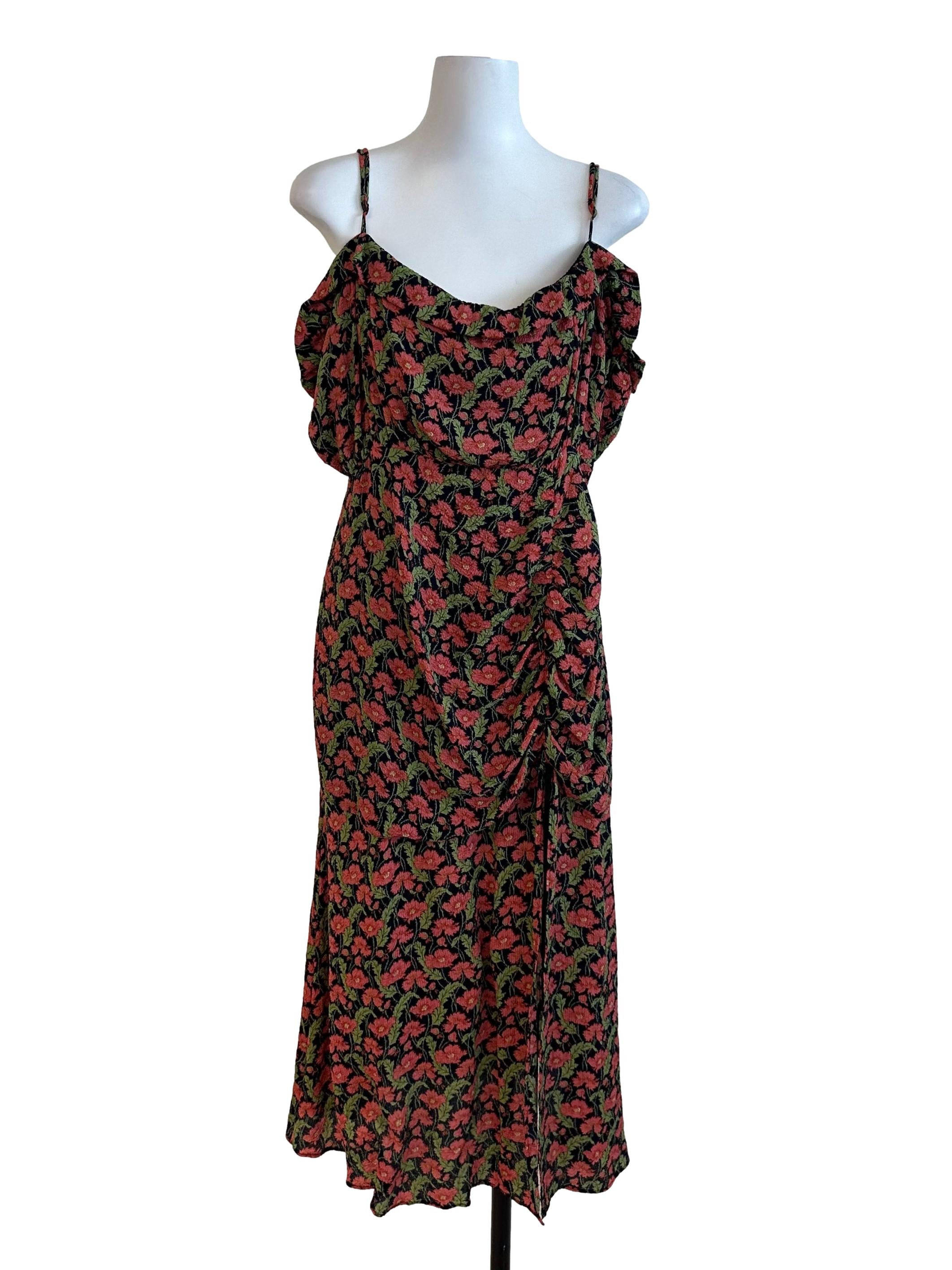 Red Green Floral Side Ruched Slit Dress