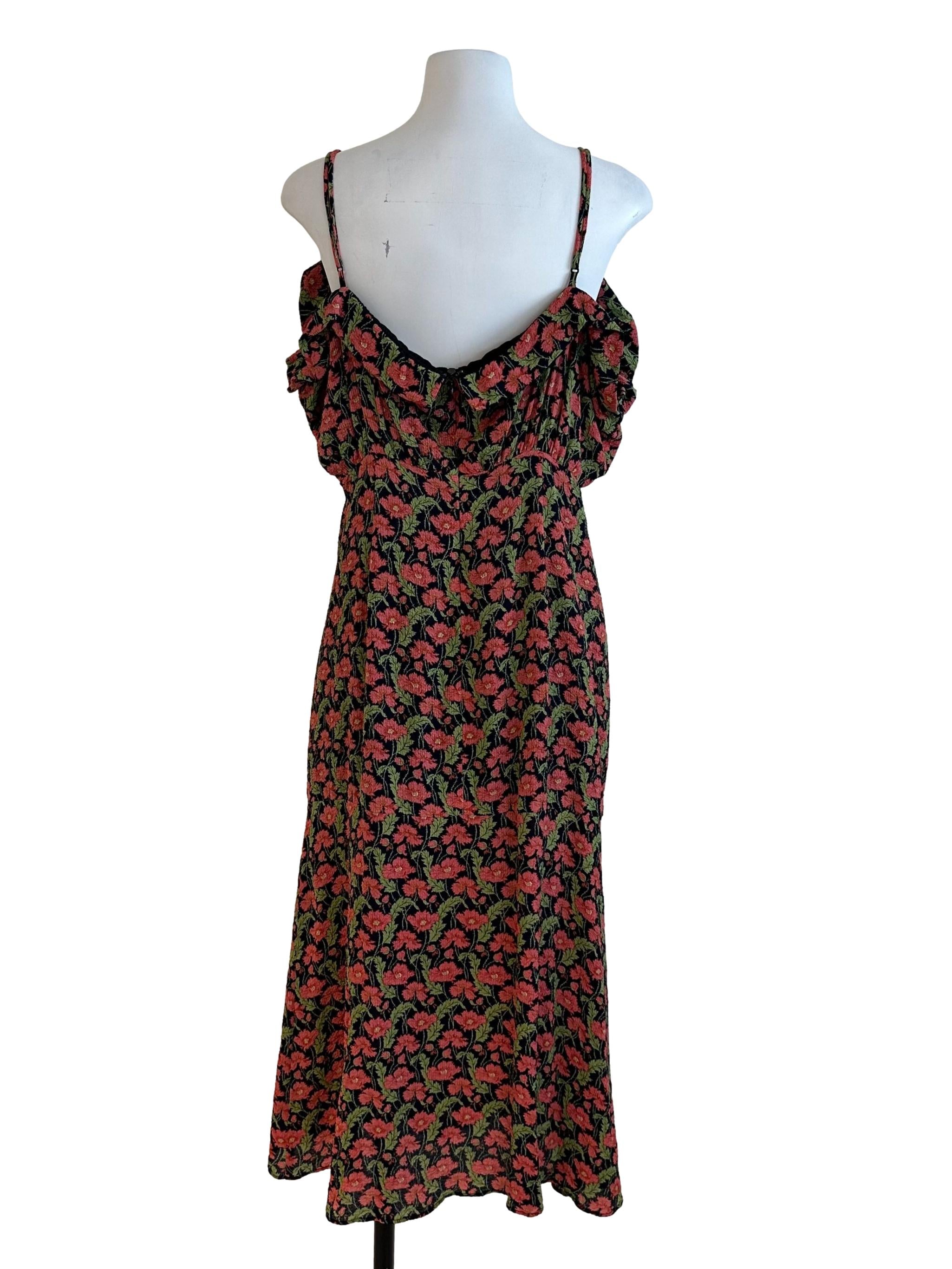 Red Green Floral Side Ruched Slit Dress