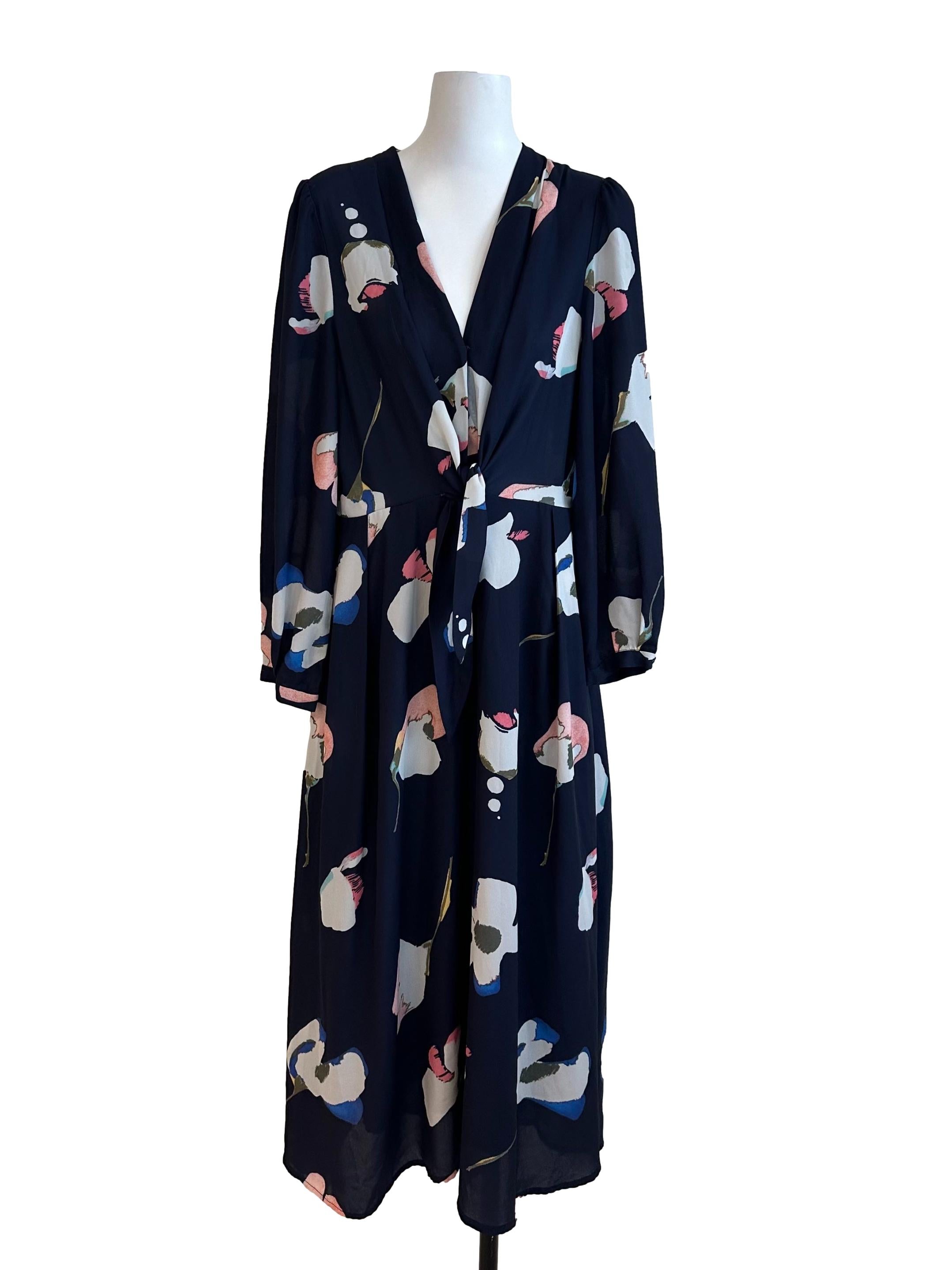 Navy Blue Pattern V Neck Maxi Dress