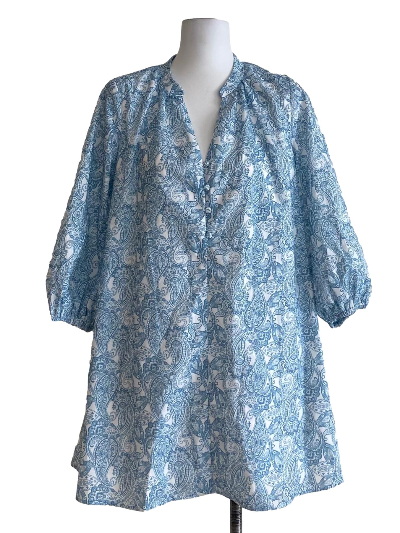 Blue And White Floral Half Button Shift Dress