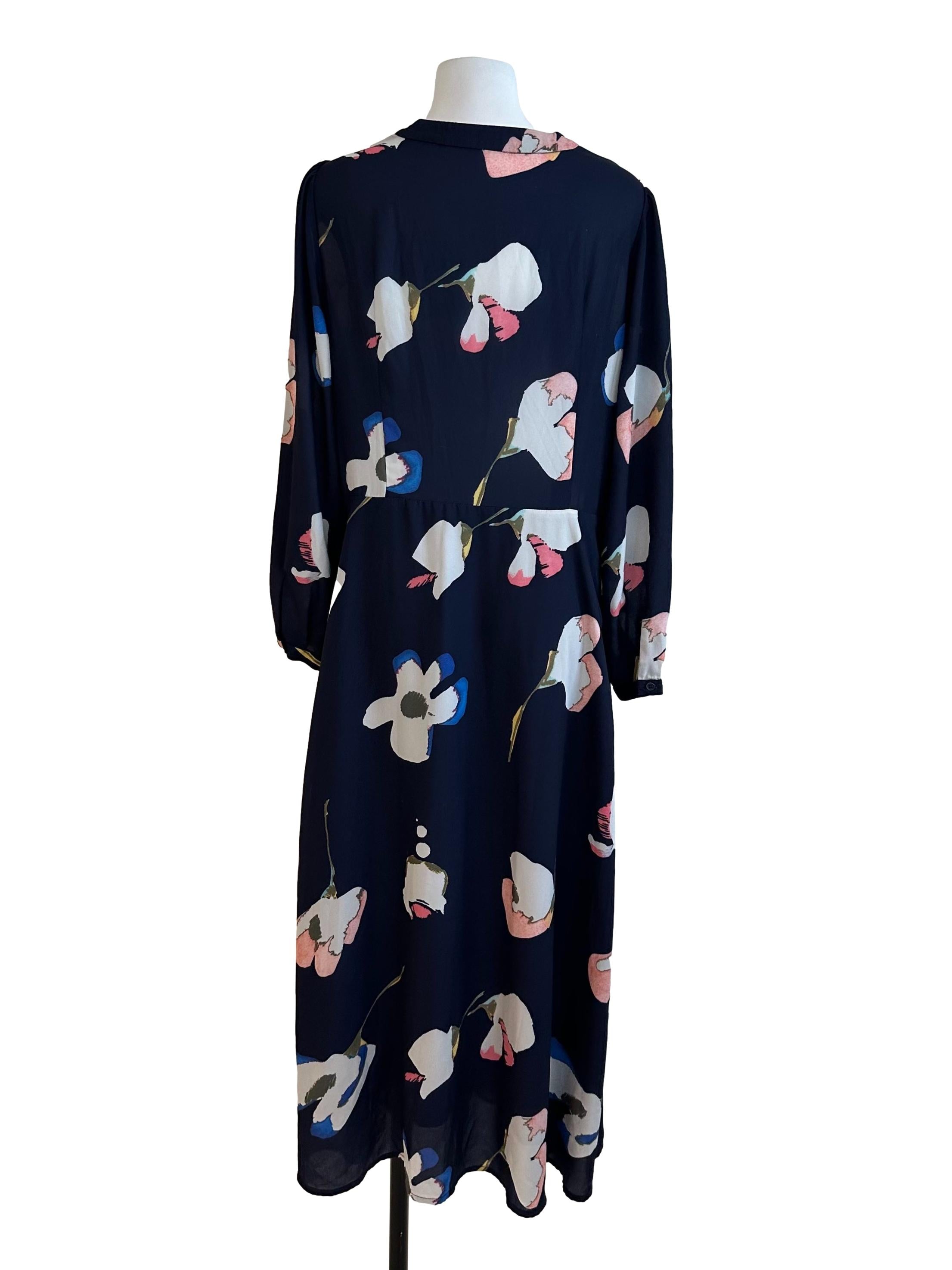 Navy Blue Pattern V Neck Maxi Dress