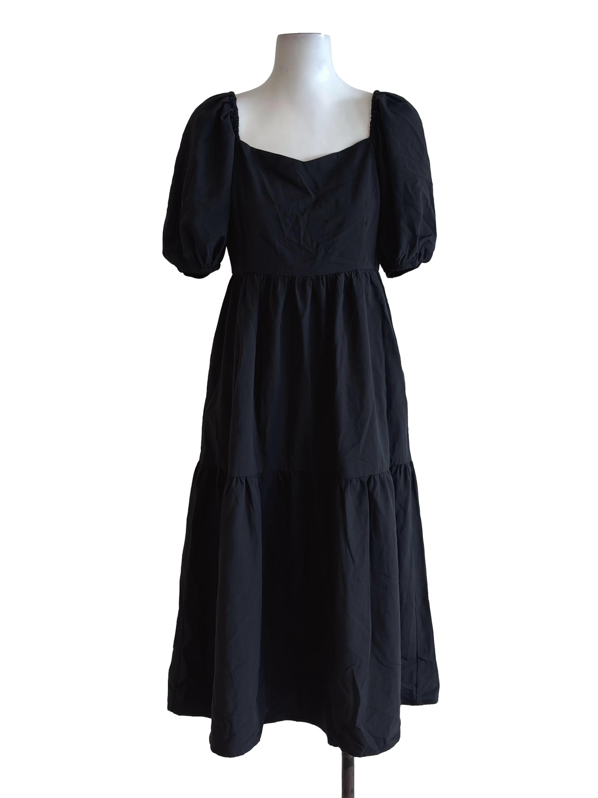 Jet Black Puff Sleeve Tiered Dress