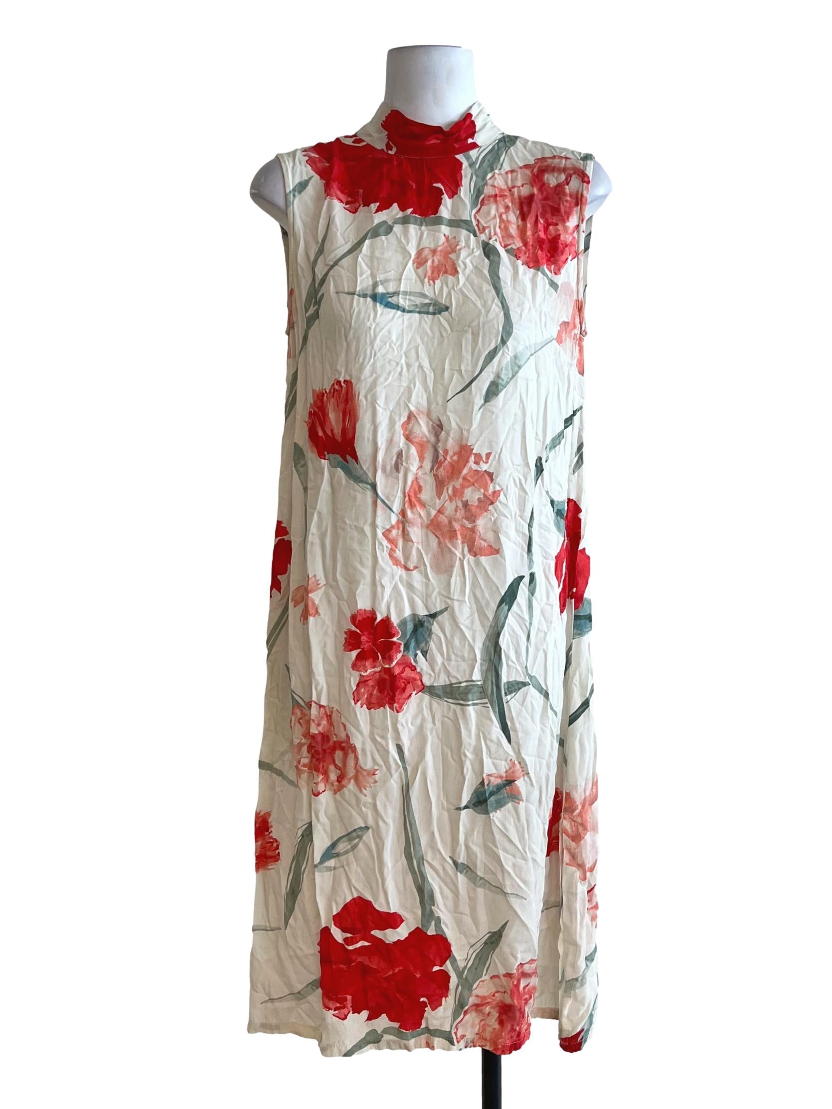 Ivory Cream Floral High-Neck Sleeveless Dress