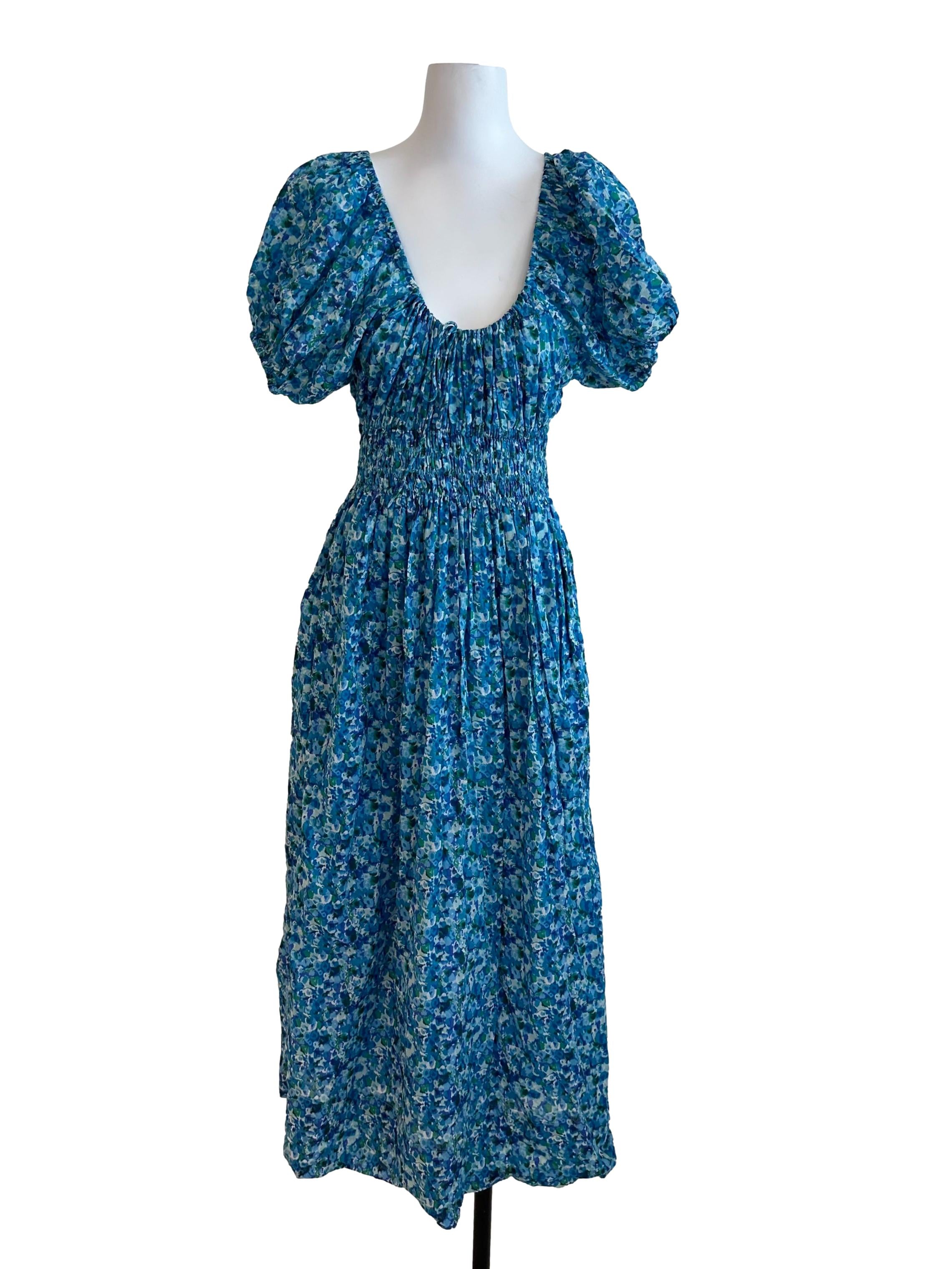 Cobalt Blue Floral Scoop Neck Puff Sleeve Dress