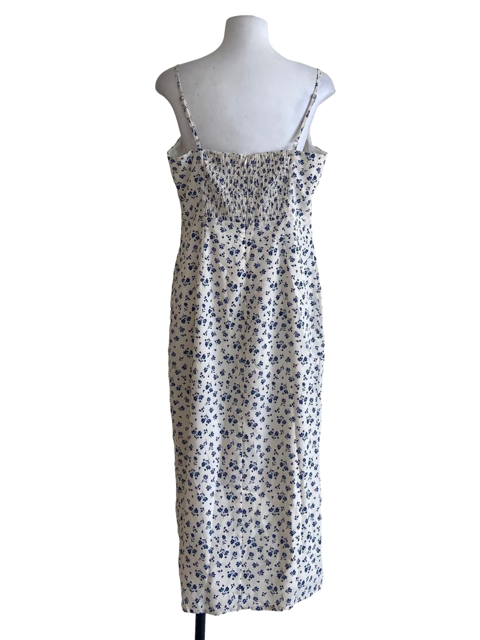 White And Blue Floral Slit Dress