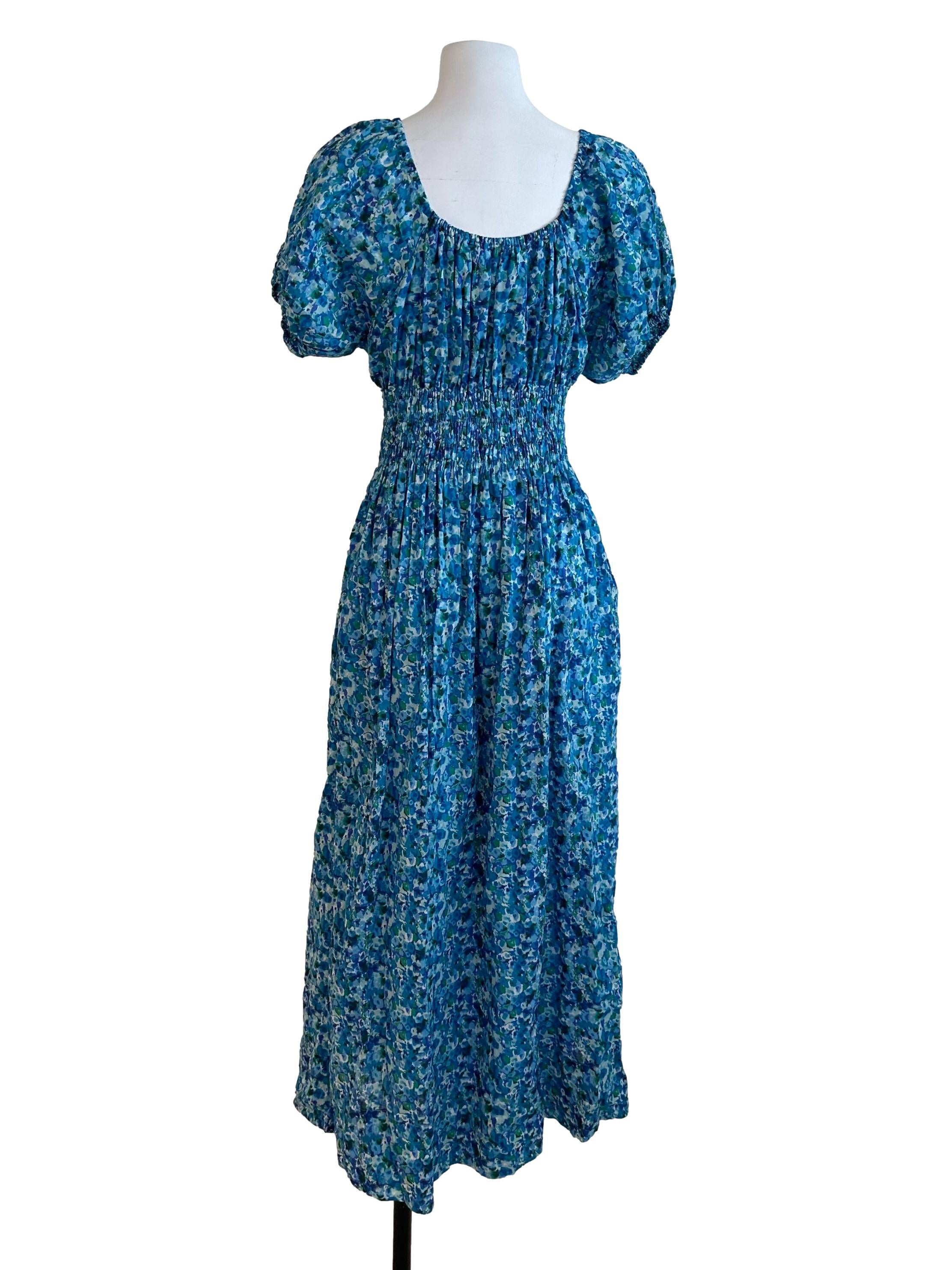 Cobalt Blue Floral Scoop Neck Puff Sleeve Dress