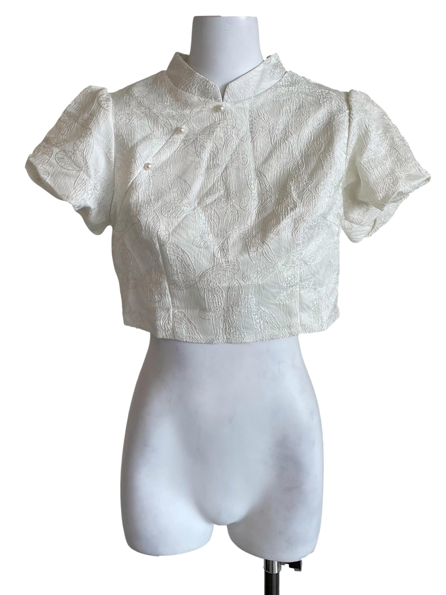 Off White Butterfly Cheongsam Crop Top