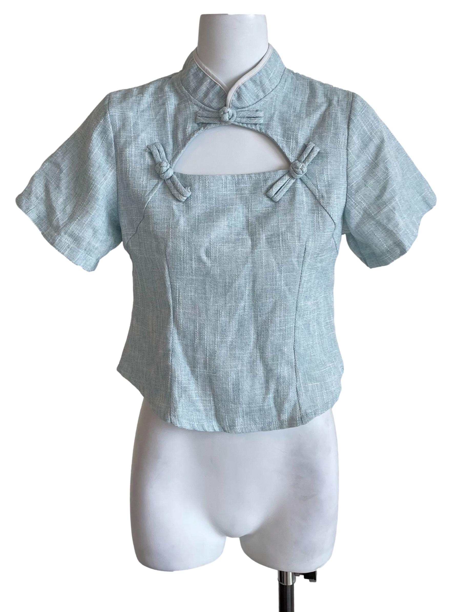 Light Teal Slit Chest Cheongsam Top