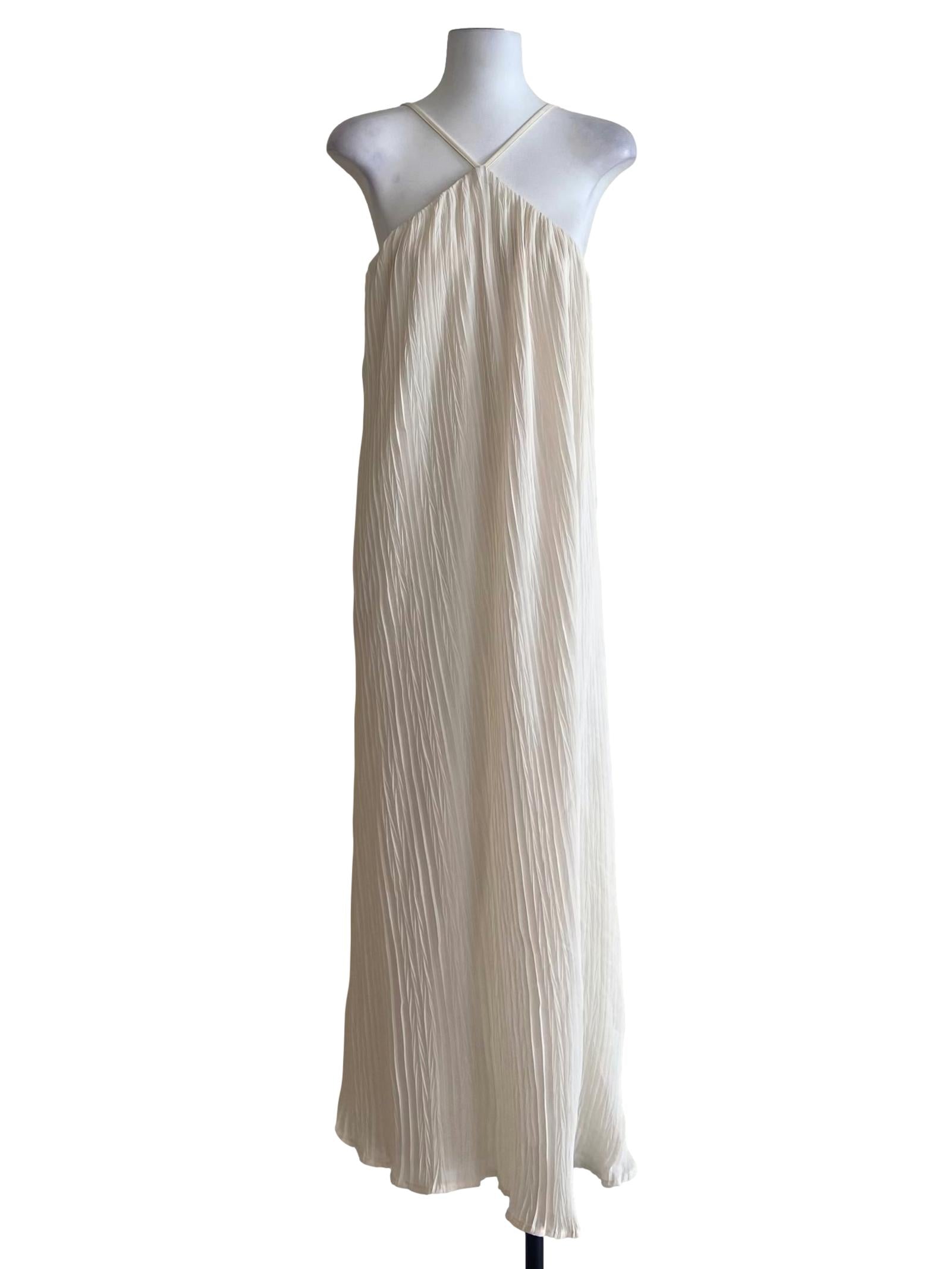 Cream Beige Spaghetti Straps Pleated Slip Dress