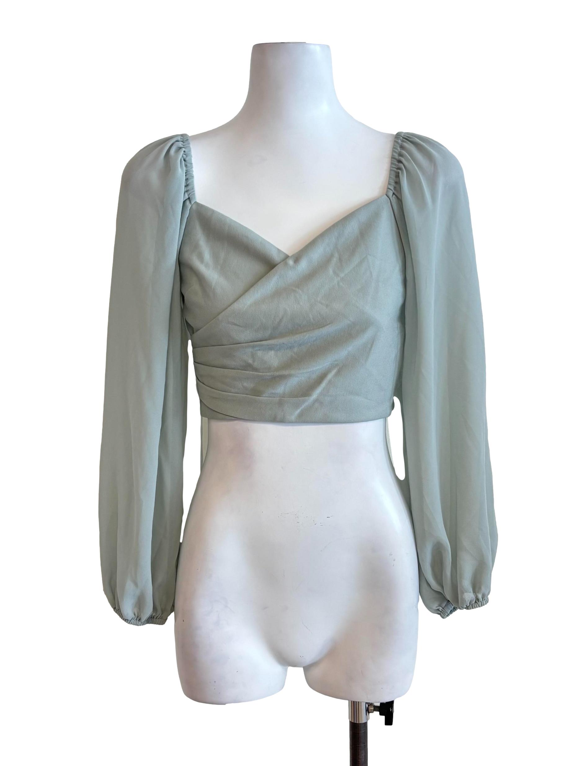 Sage Green Mesh Sleeve Crop Top