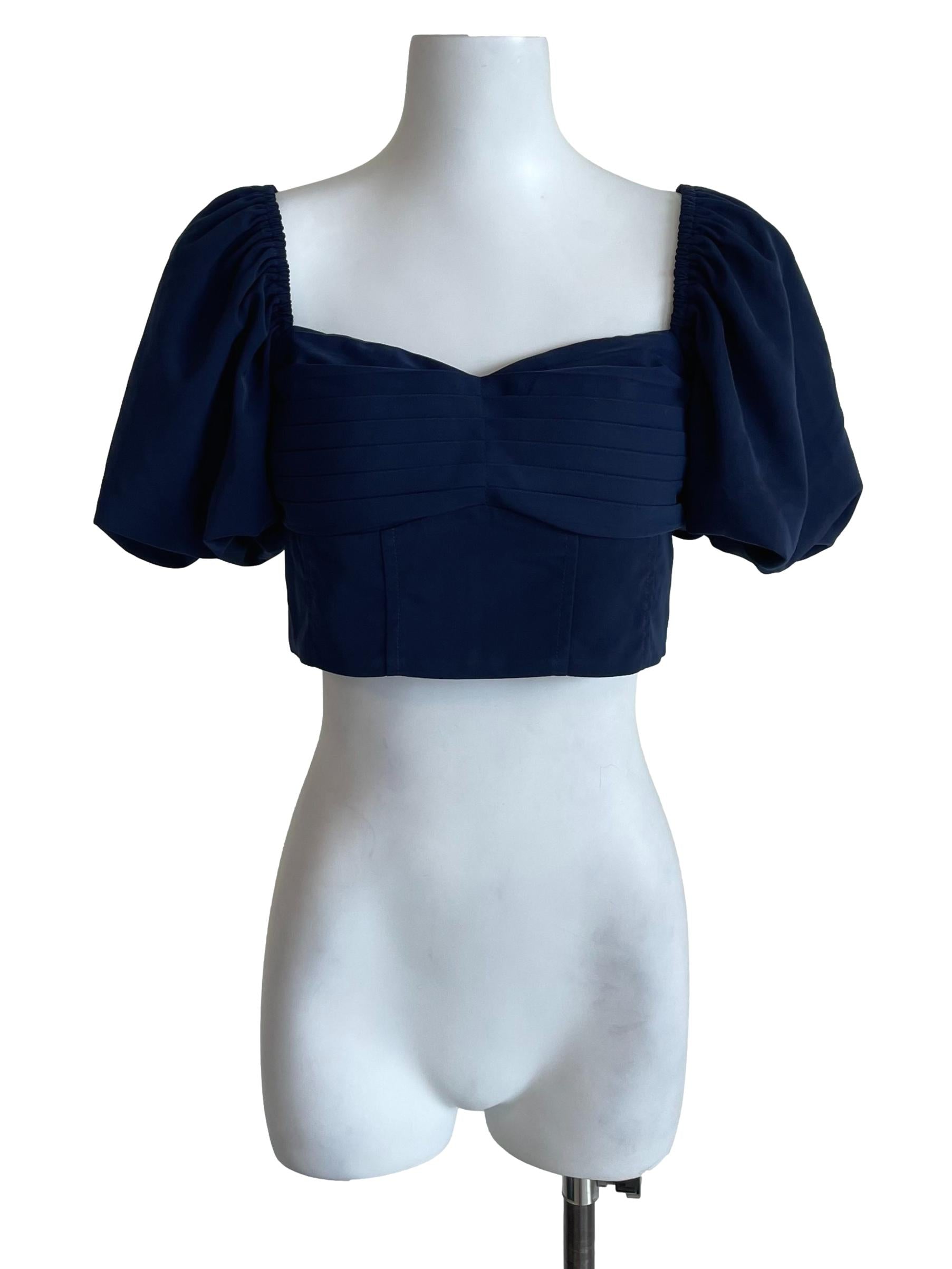 Navy Puff Sleeves Peasant Crop Top