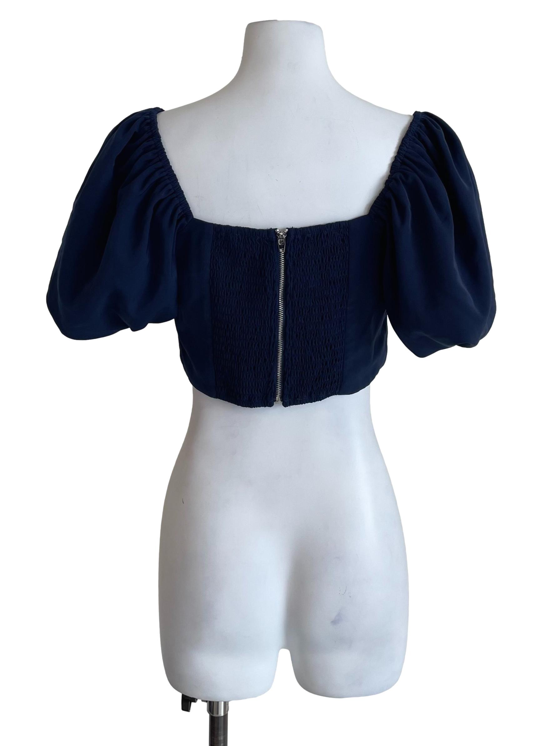 Navy Puff Sleeves Peasant Crop Top