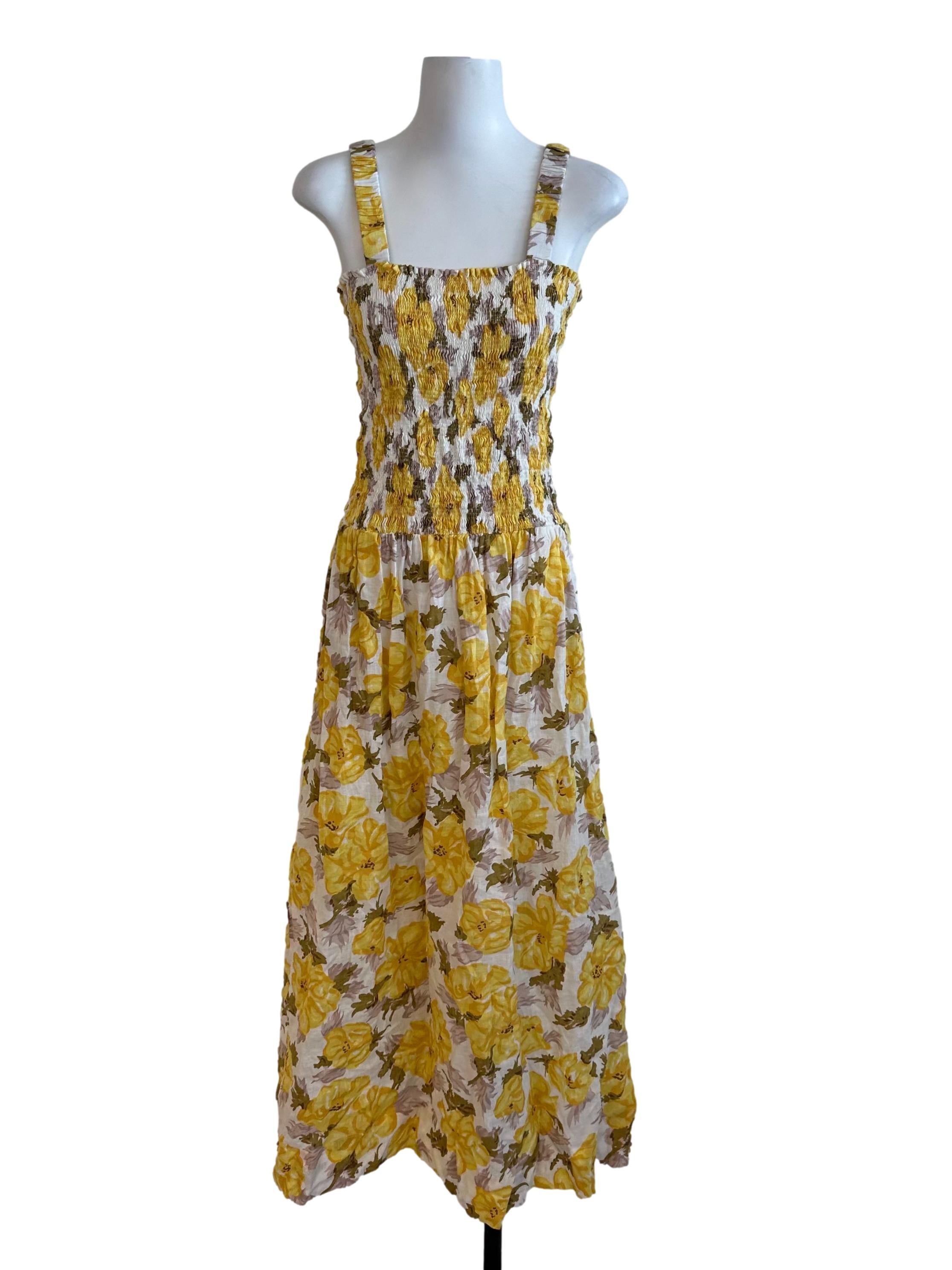 Butter Yellow Floral Square Neck Dress