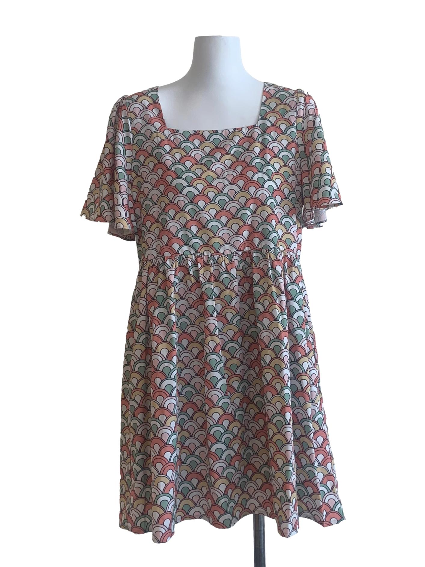 Sage Green Multi Colour Pattern Square Neck Dress