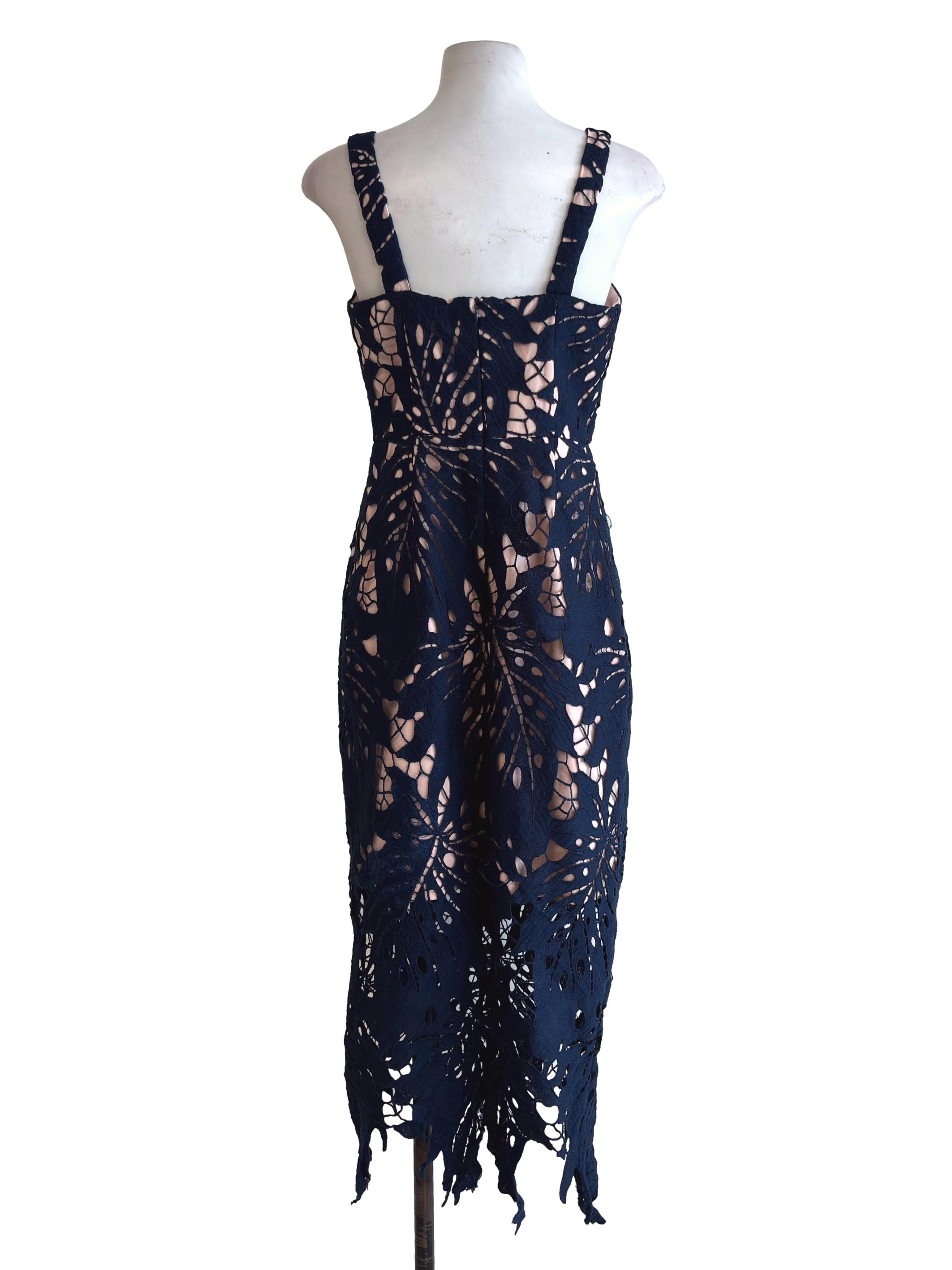 Navy Blue Square Neck Lace Midi Dress TWL