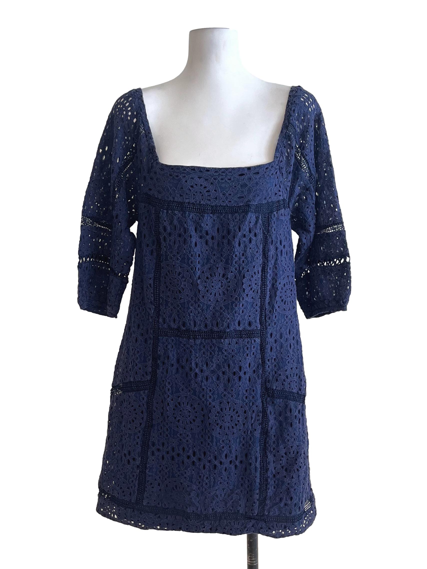 Navy Blue Square-Neck Embroidered Dress