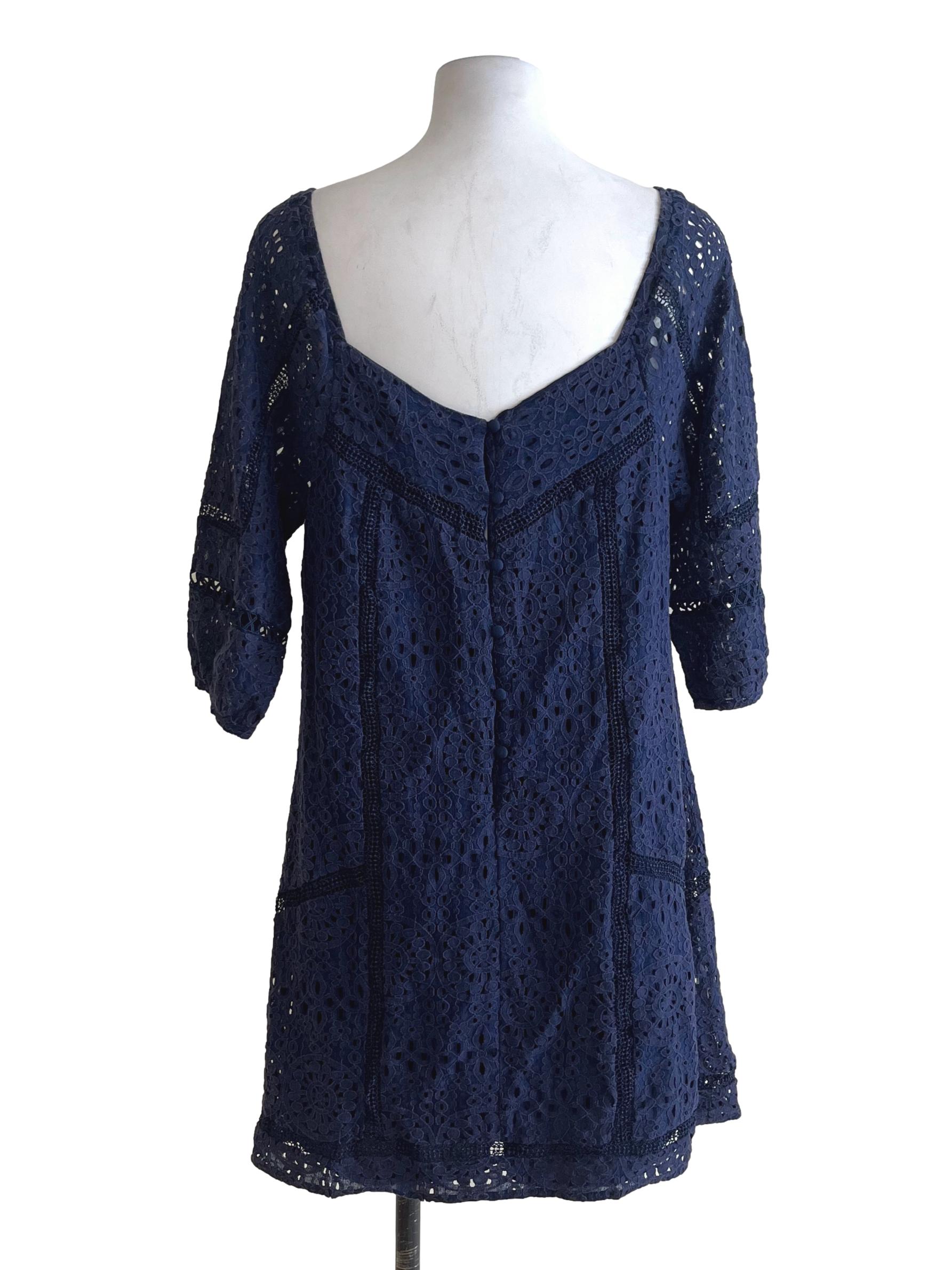 Navy Blue Square-Neck Embroidered Dress