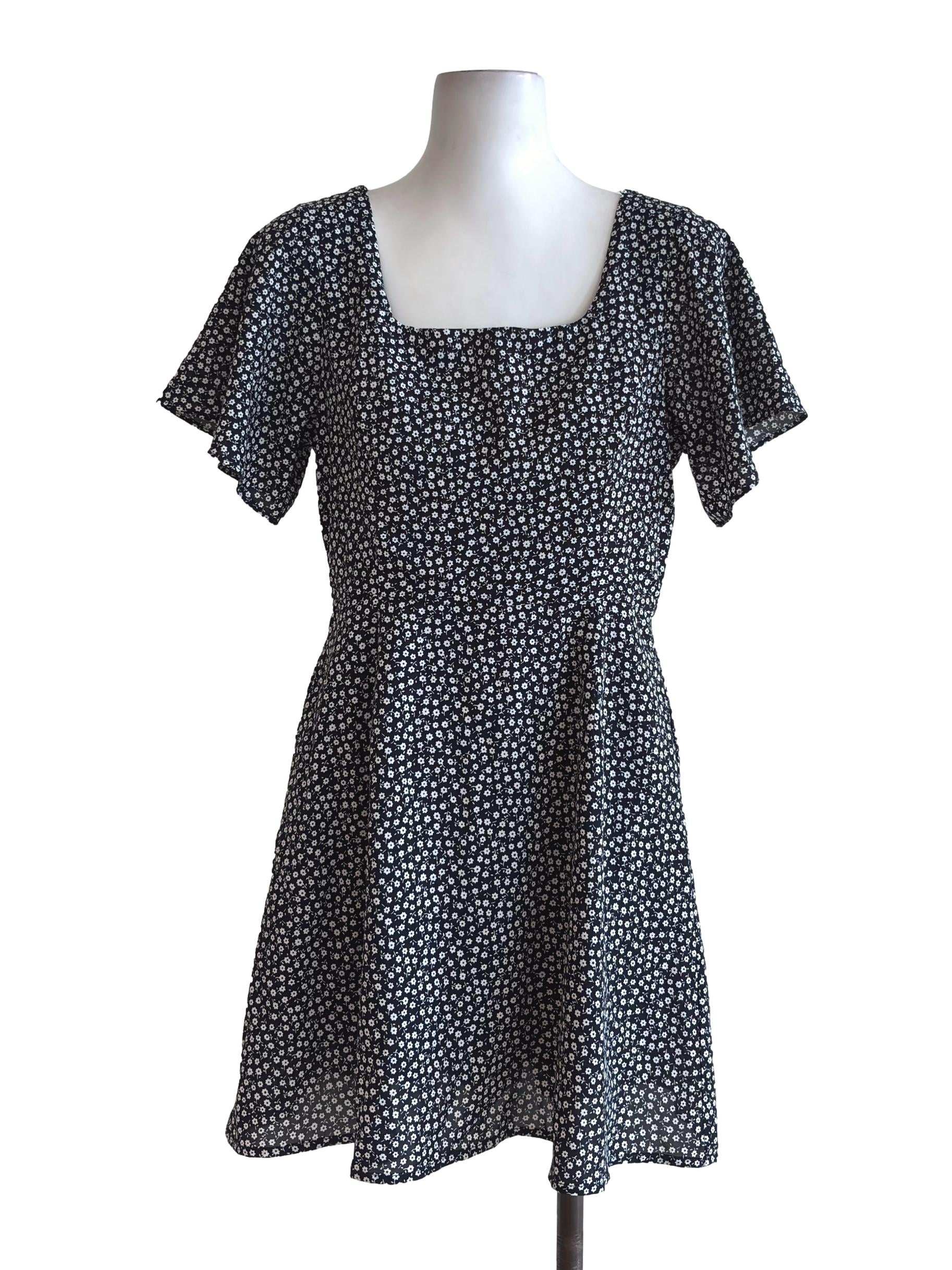 Dark Blue Floral Square Neck Romper Dress