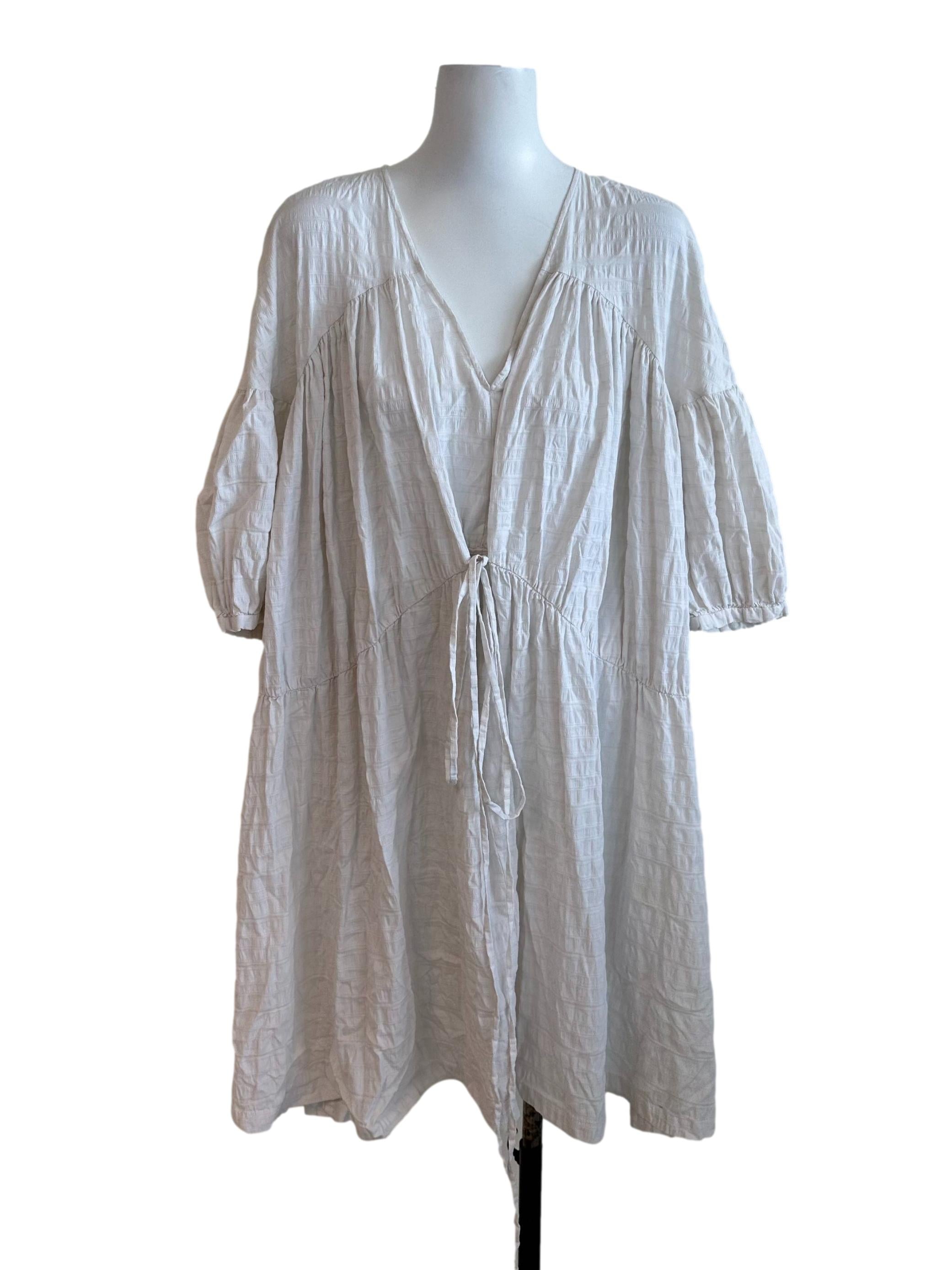 Ivory White V Neck Textured Drawstring Tent Dress