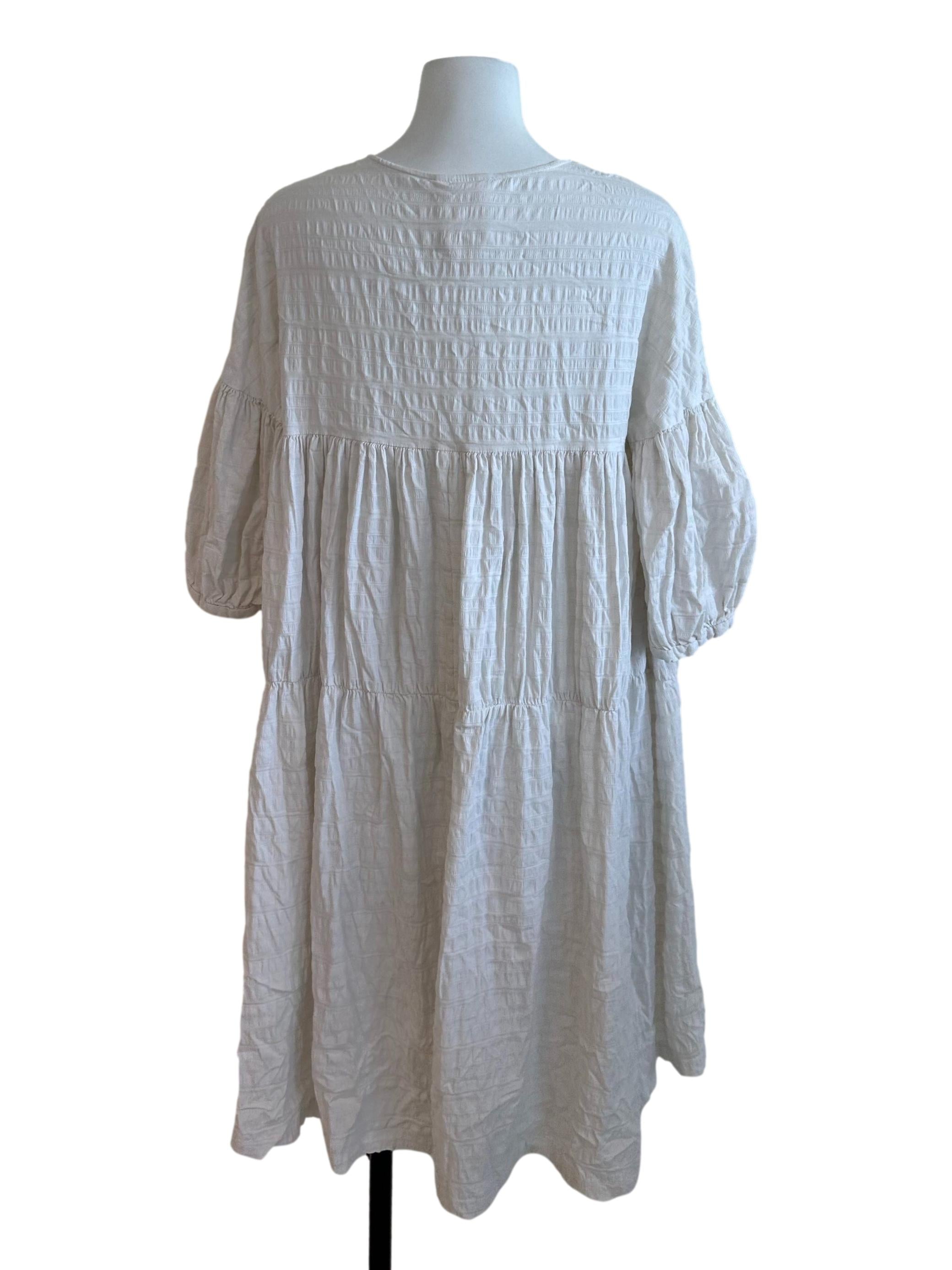 Ivory White V Neck Textured Drawstring Tent Dress