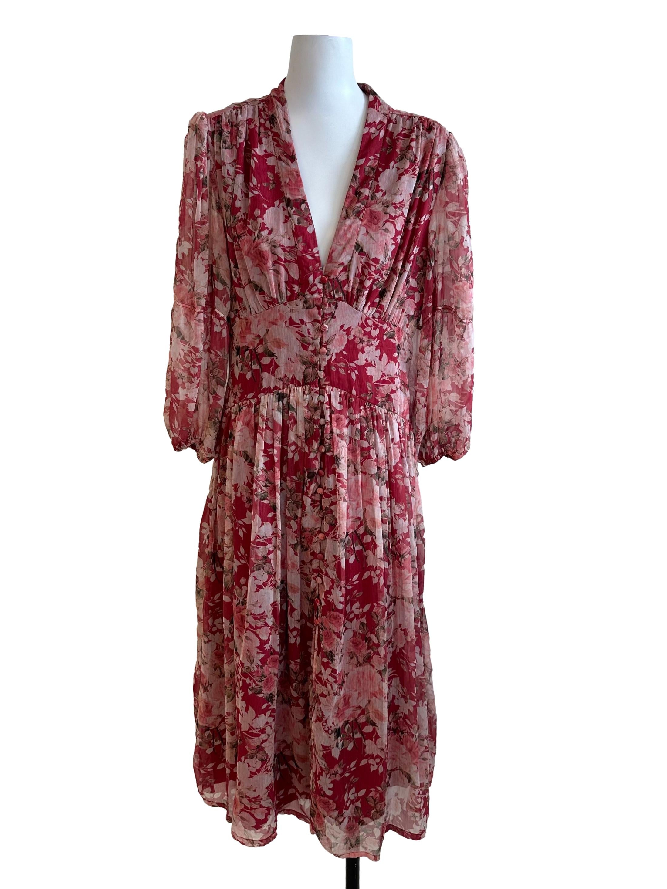 Ruby Red Floral V Neck Button Dress