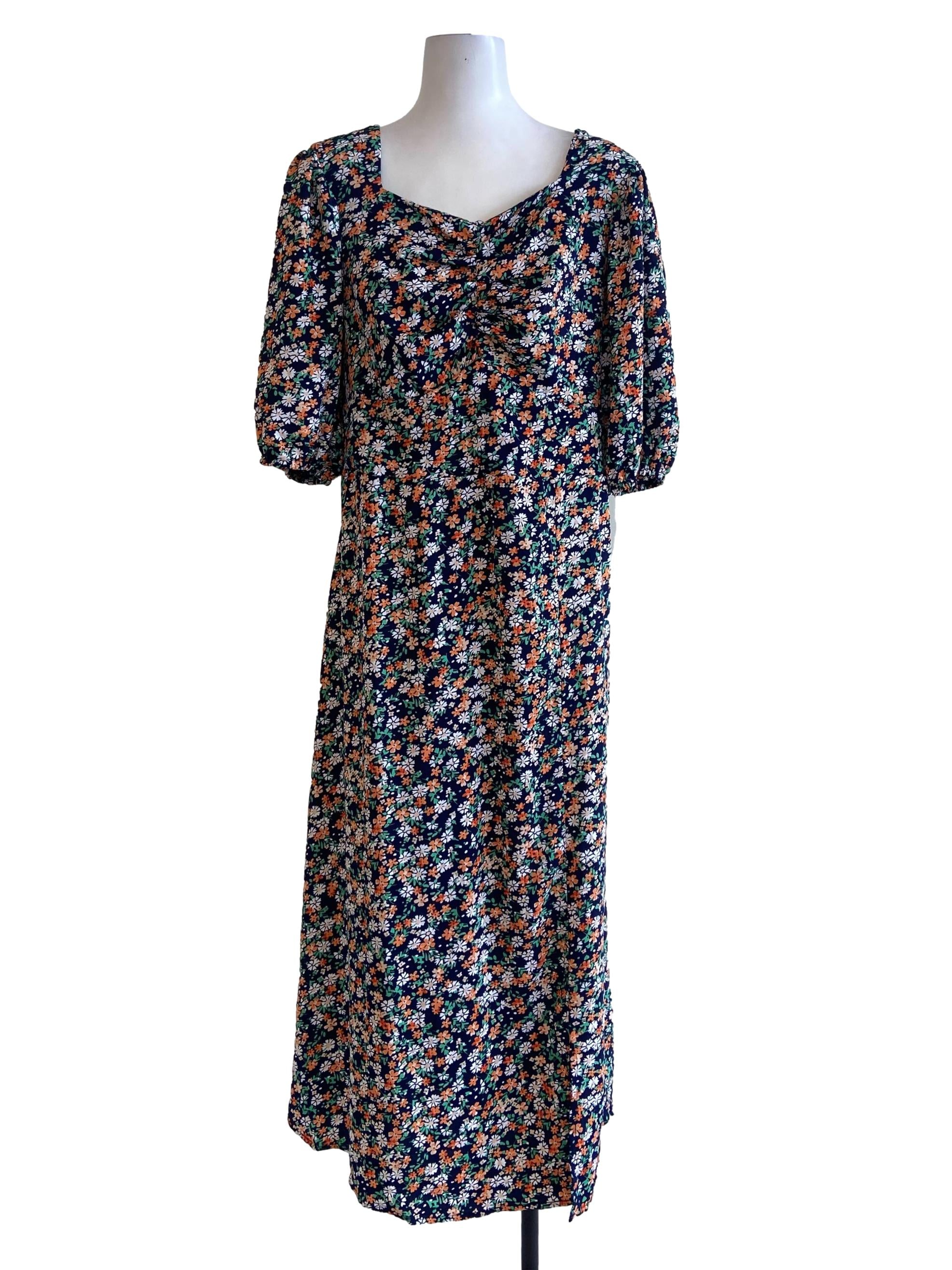 Navy Blue Floral Juliet Sleeve Slit Empire Dress