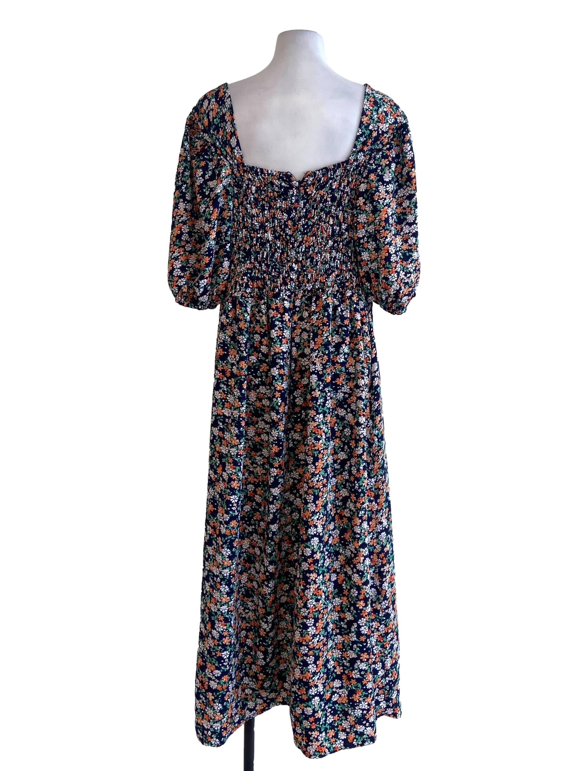 Navy Blue Floral Juliet Sleeve Slit Empire Dress