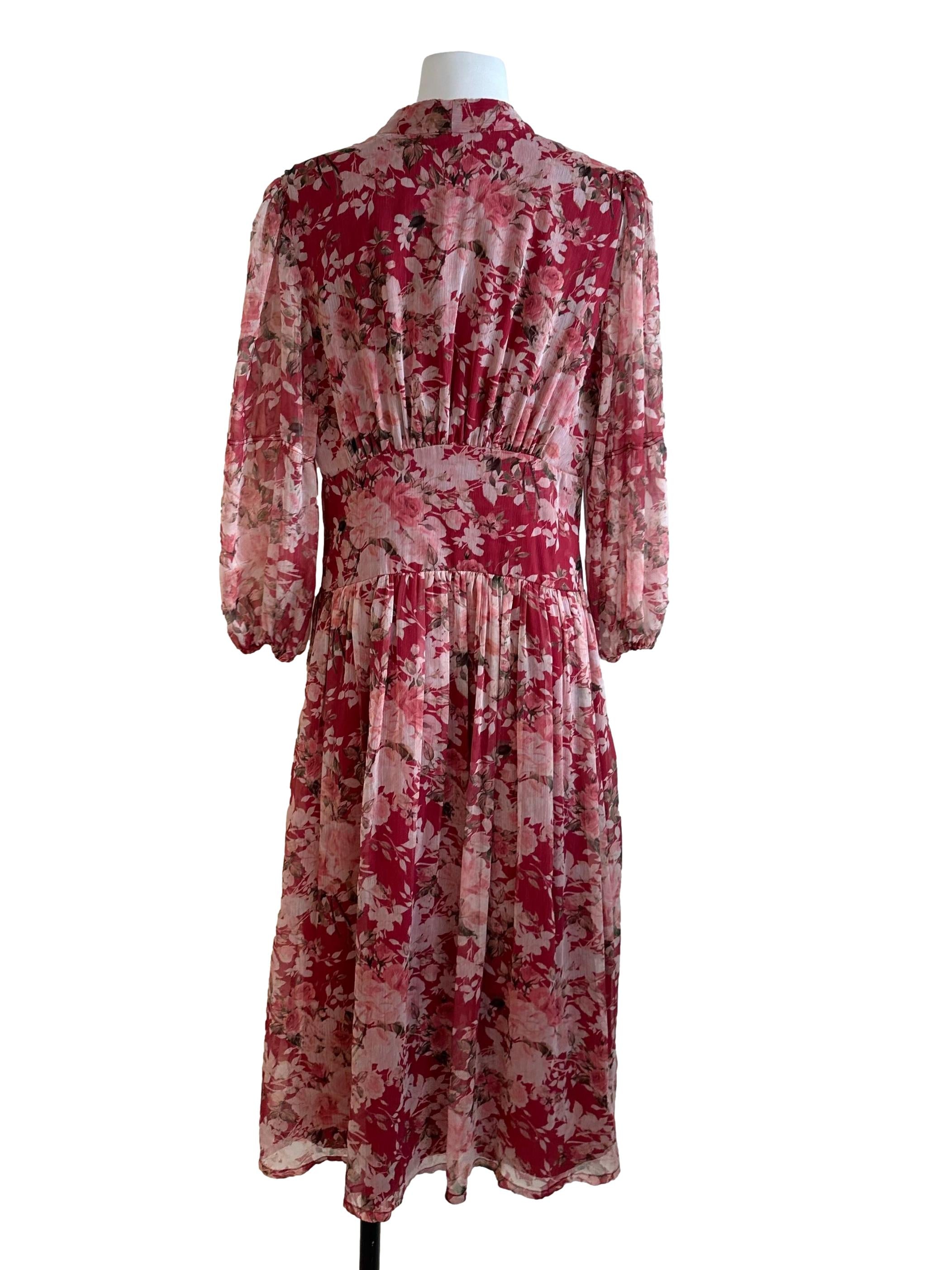 Ruby Red Floral V Neck Button Dress