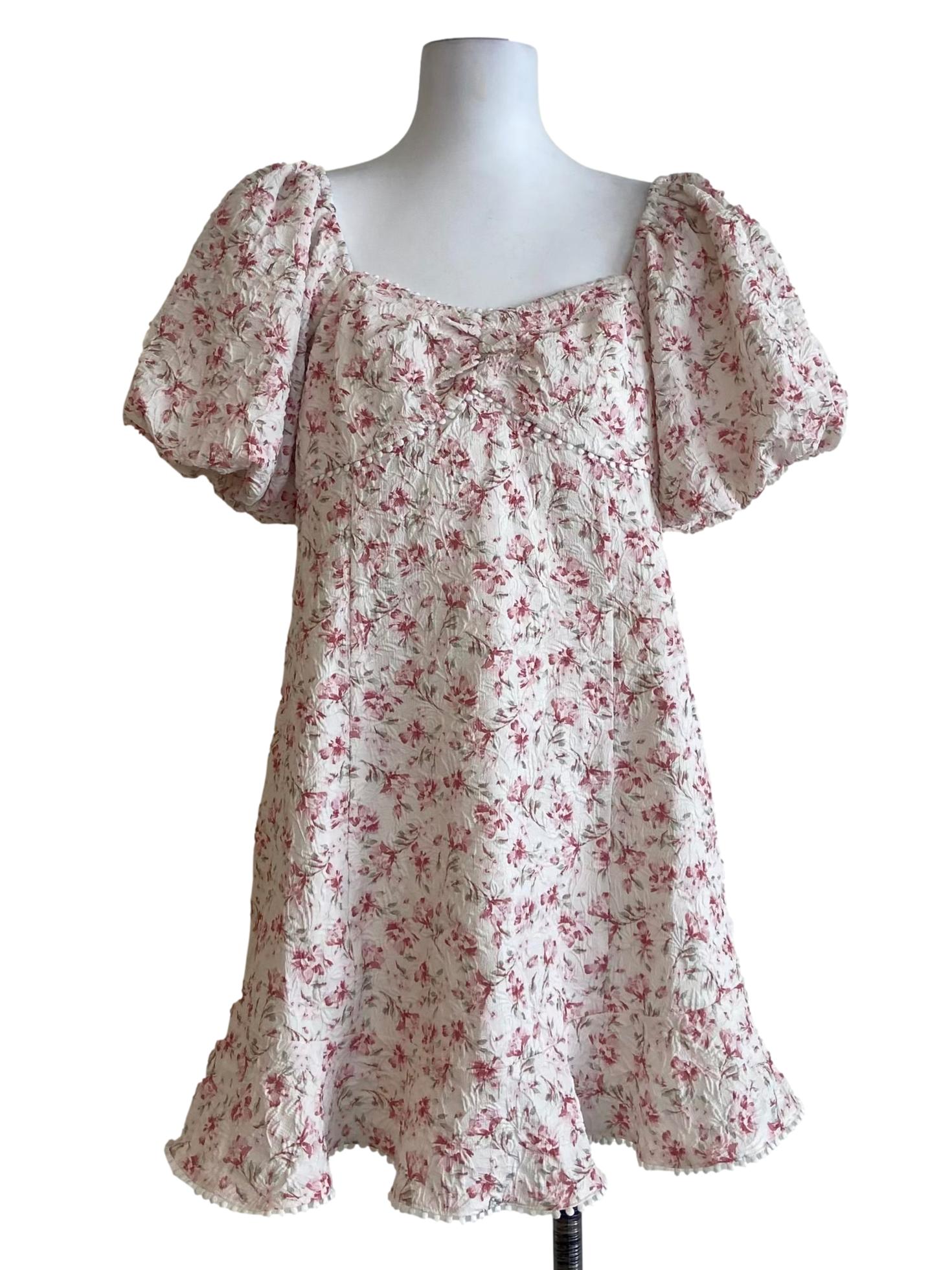 White And Pink Floral Drop Waist Dress