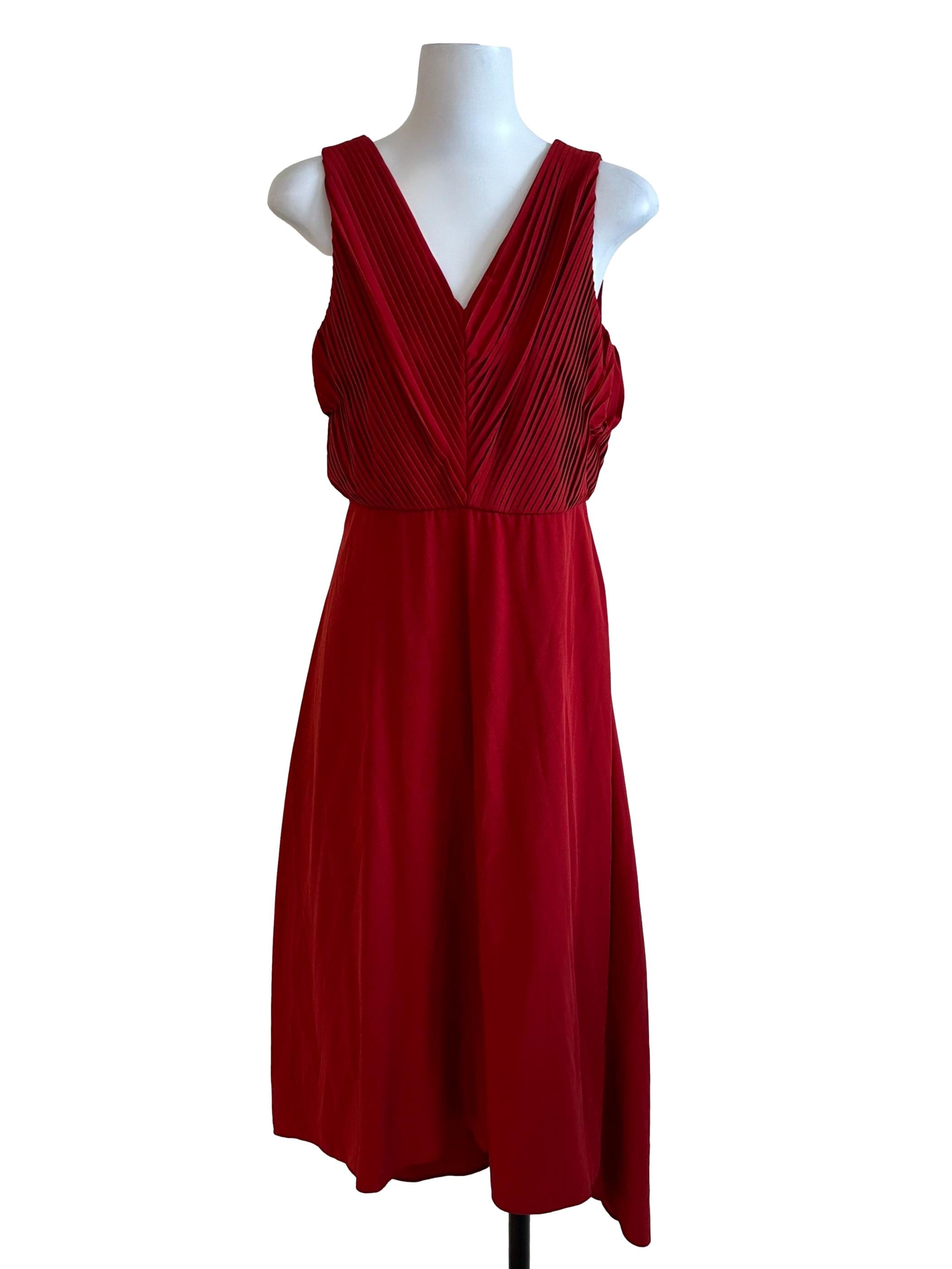 Chili Red Pleated V Neck Dress