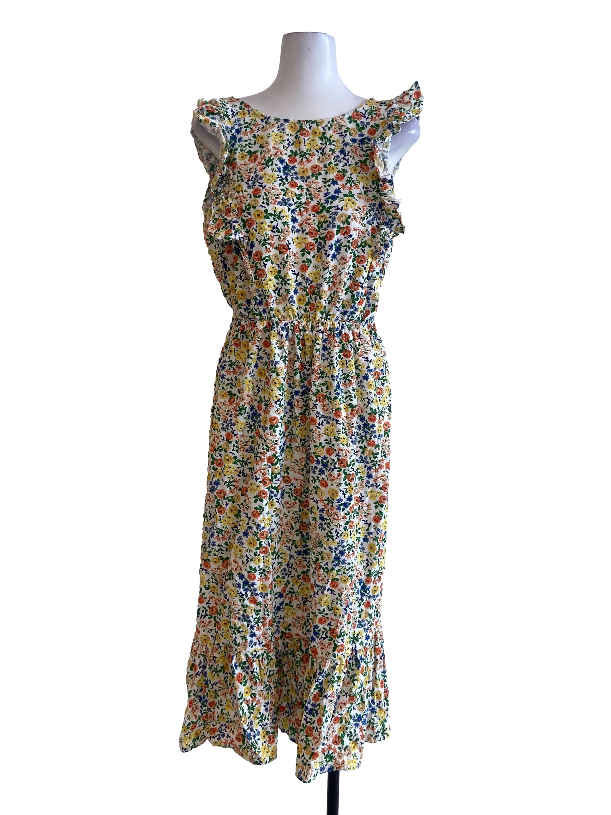 White & Colourful Floral Ruffle Sleeve Dropwaist Dress