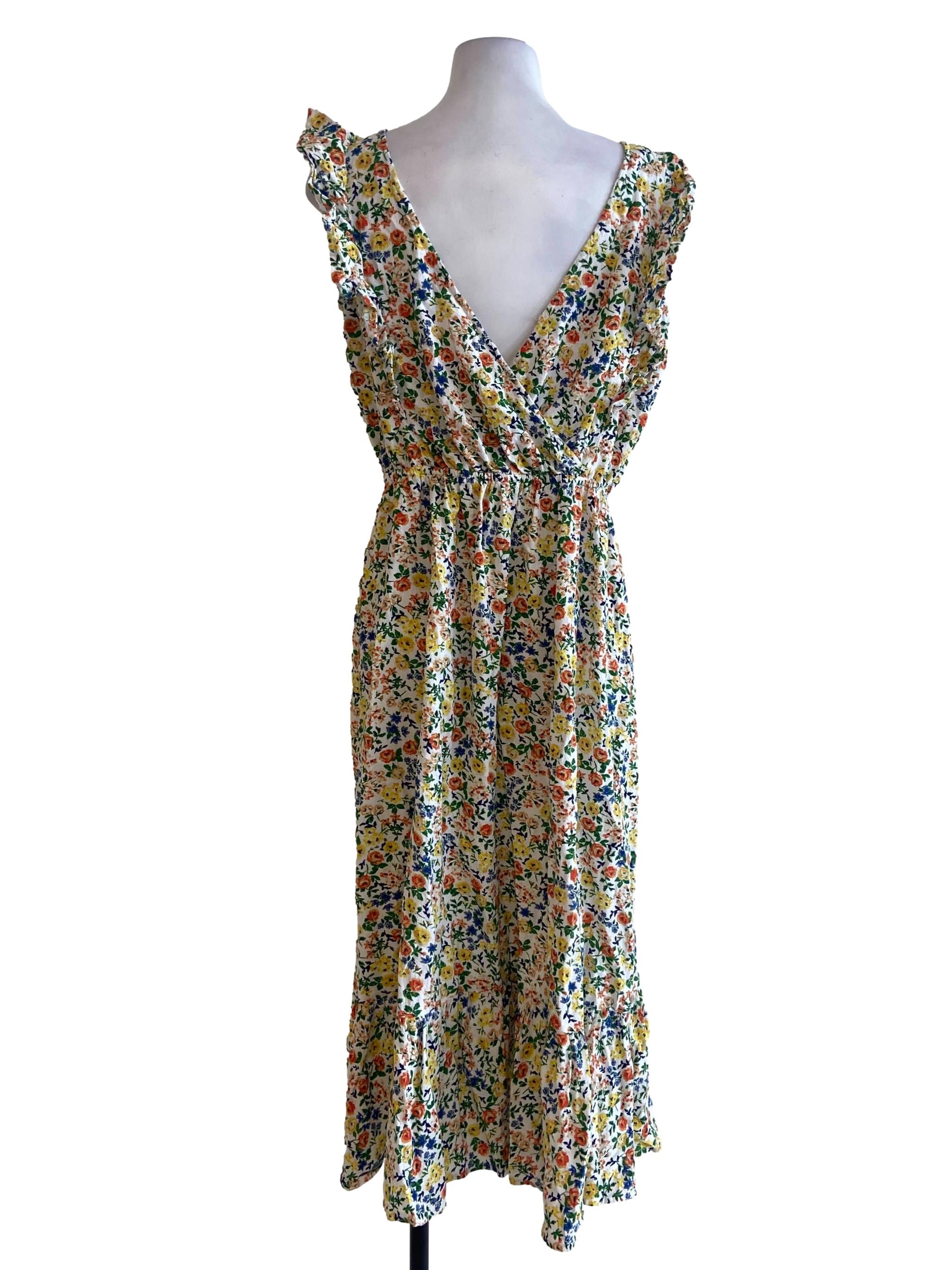 White & Colourful Floral Ruffle Sleeve Dropwaist Dress