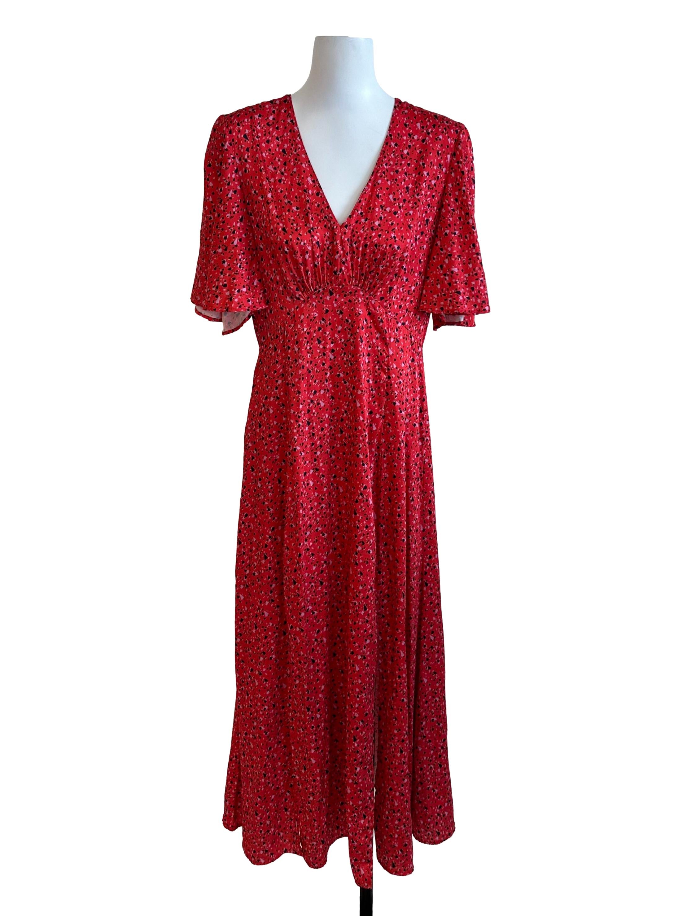 Candy Red Pattern V Neck Dress