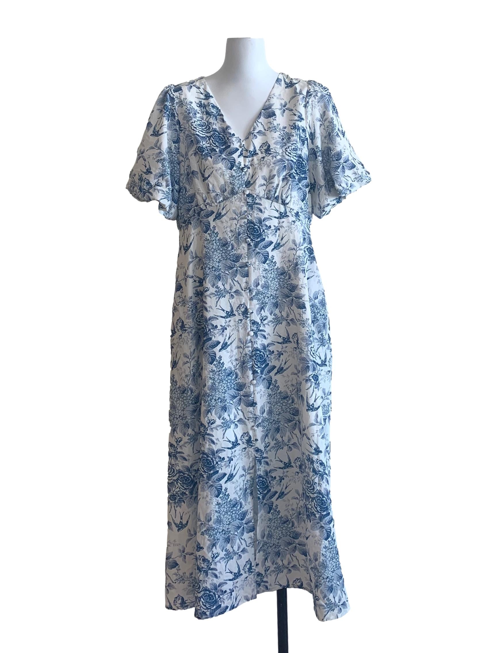 White Blue Floral Pattern Dress