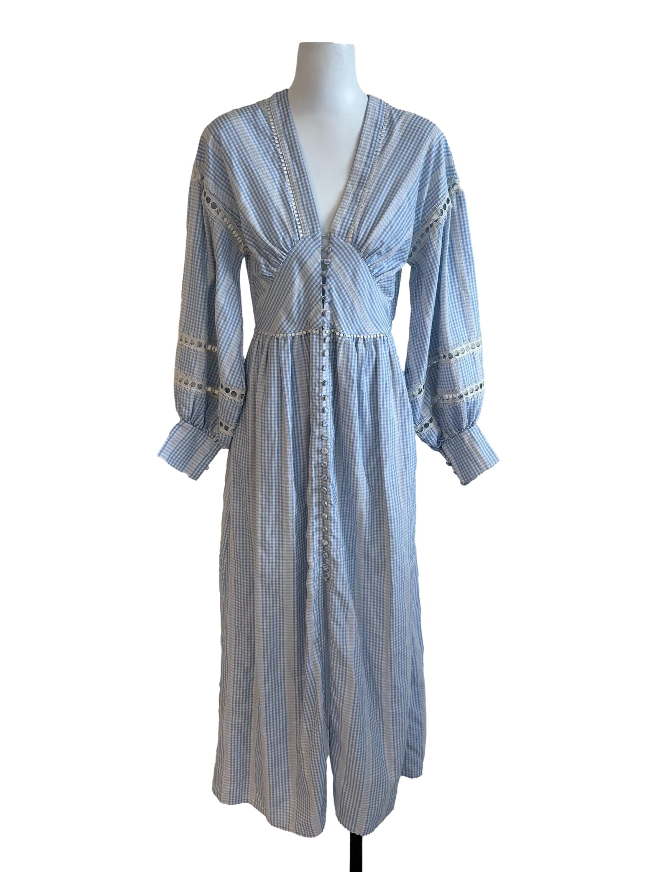 Light Blue Embroidery V Neck Button Dress