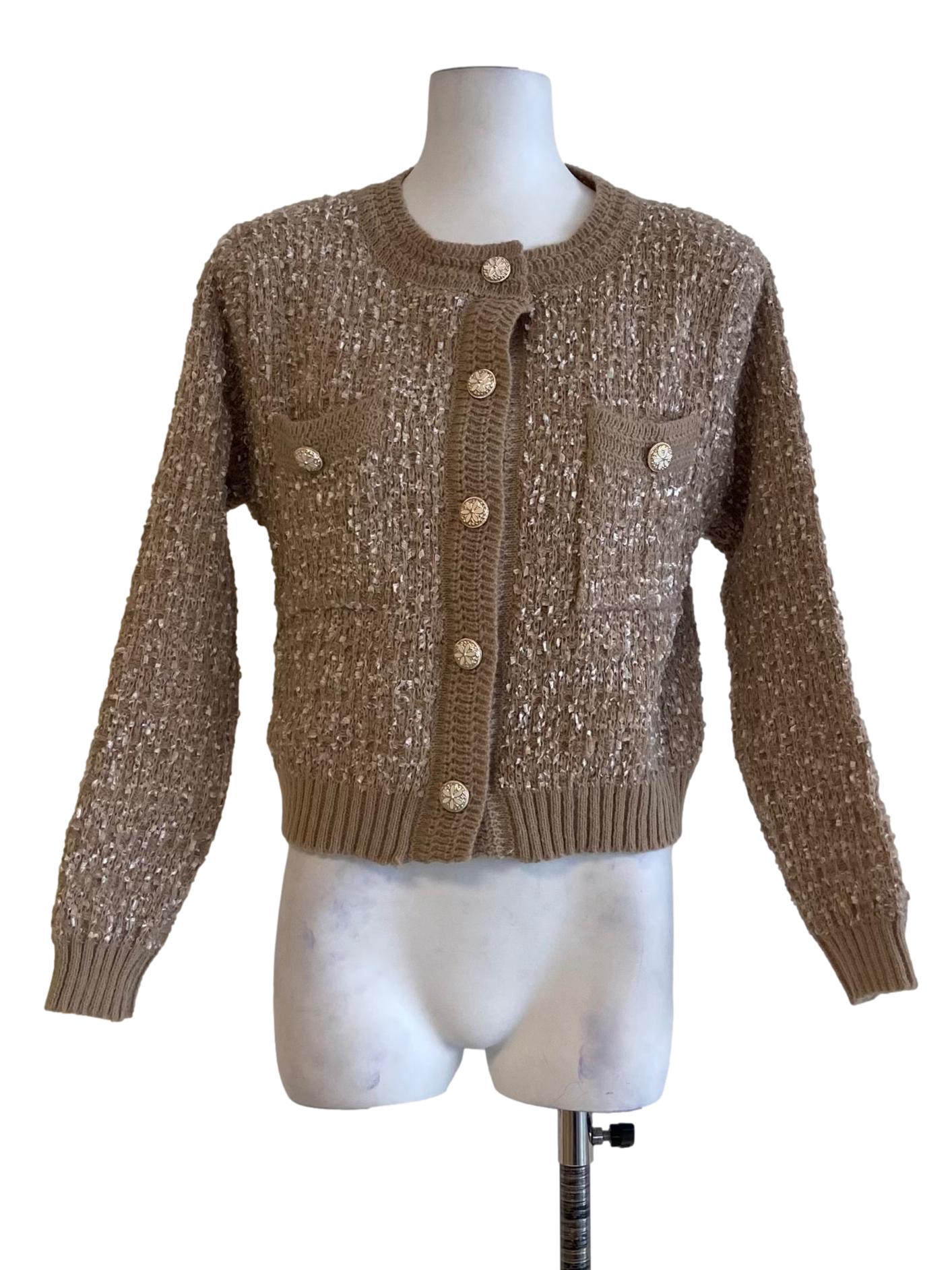 Bone Beige Button Down Tweed Cardigan