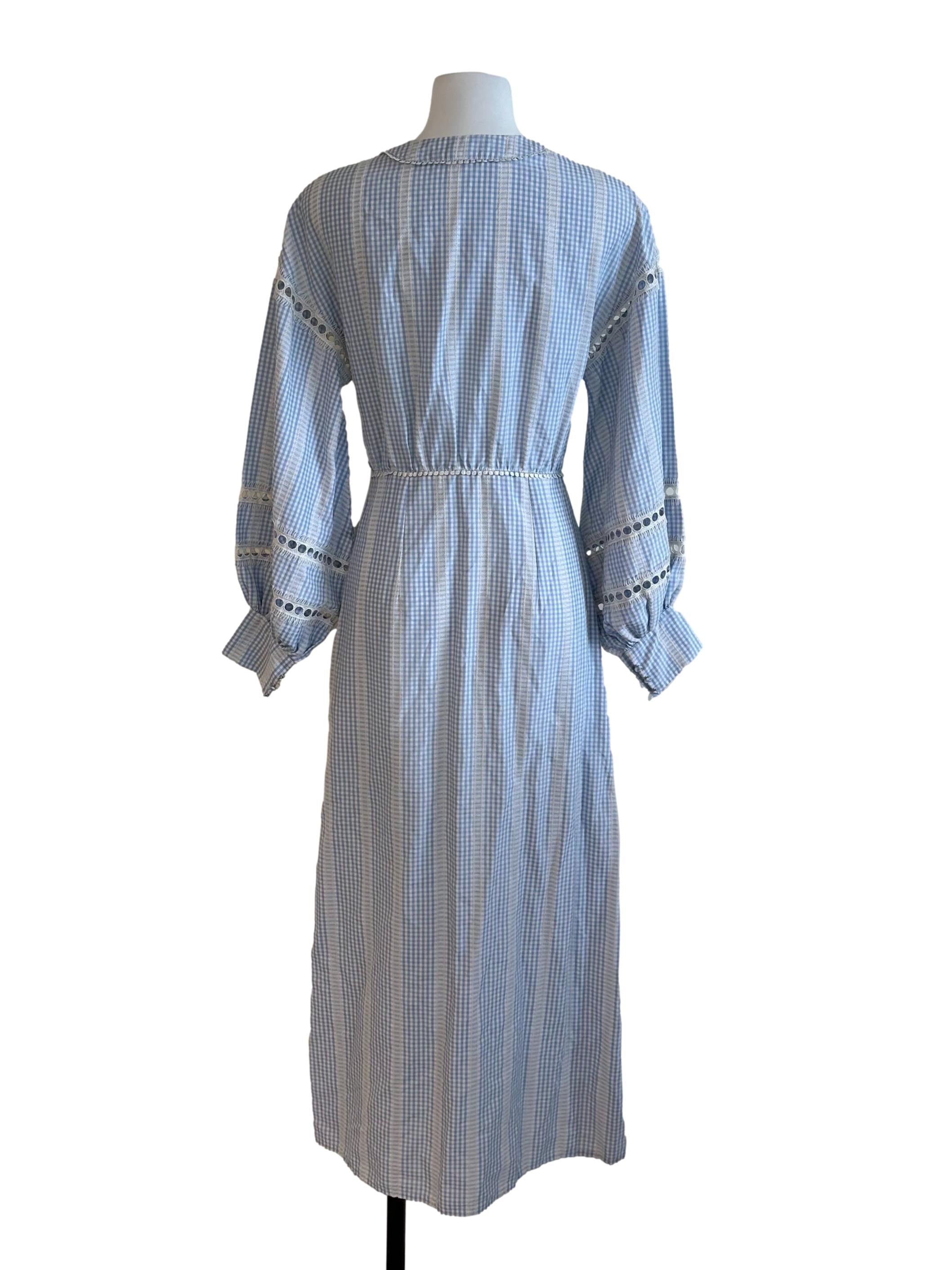 Light Blue Embroidery V Neck Button Dress